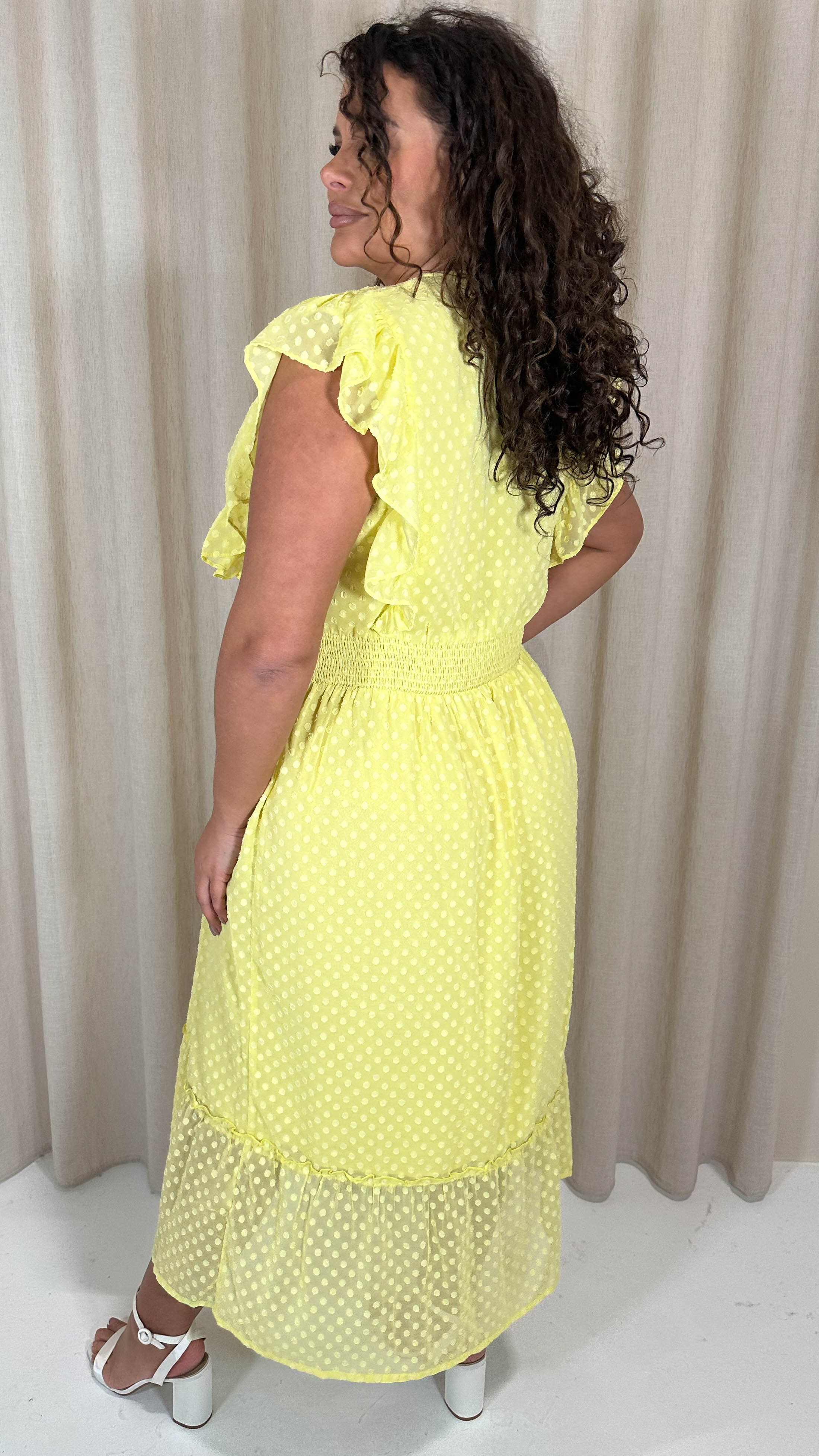 CurveWow Shirred Waist Frill Maxi Dress Lemon - Image 7