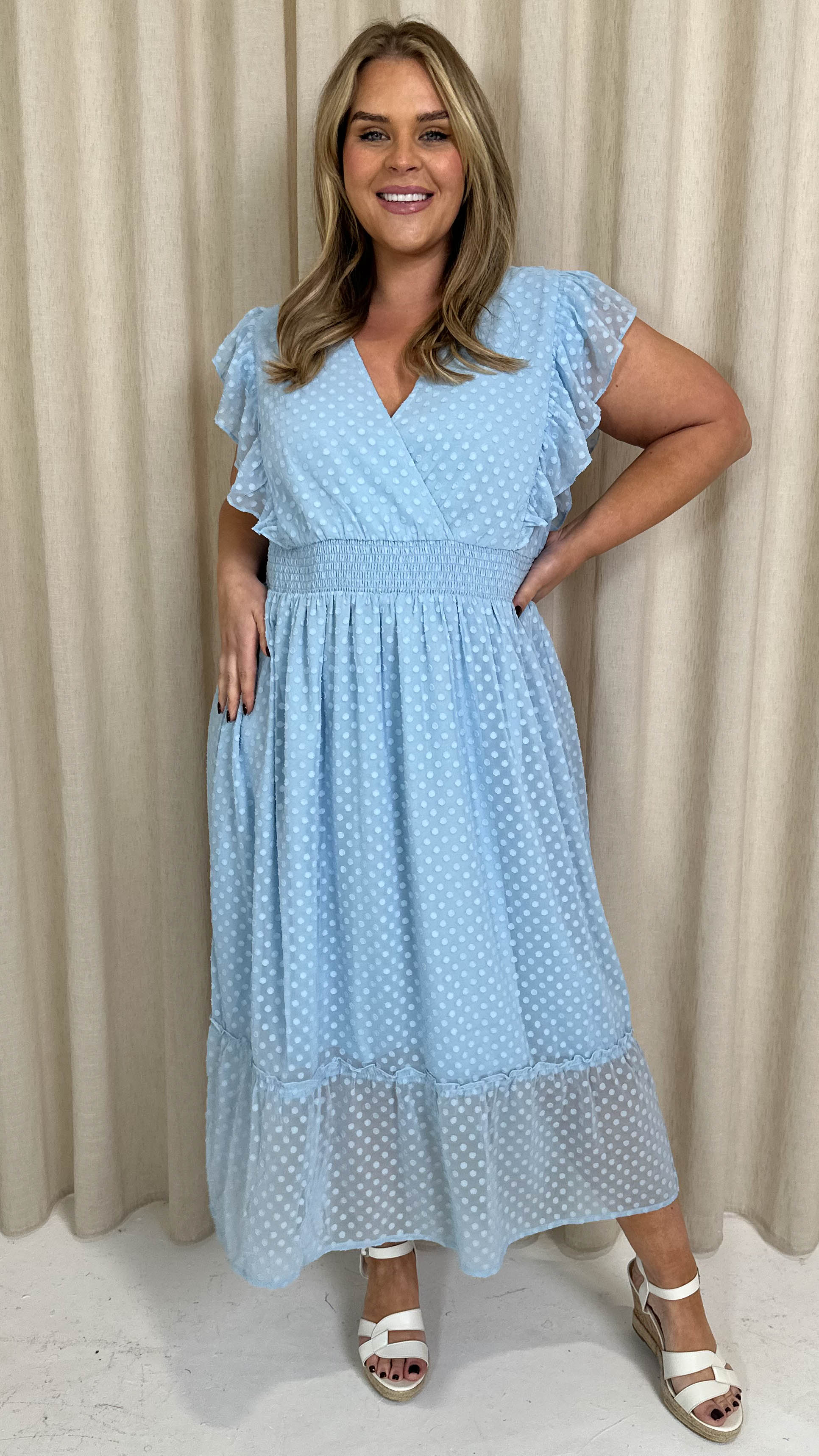 CurveWow Shirred Waist Frill Maxi Dress Light Blue - Image 4