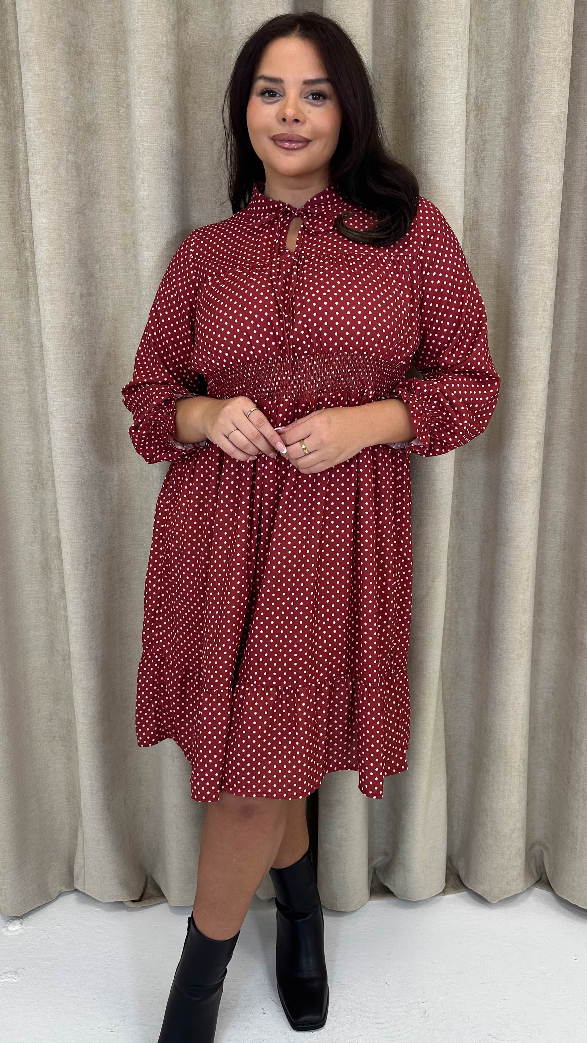 CurveWow Shirred Waist Tie Neck Dress Red Spot - Image 4