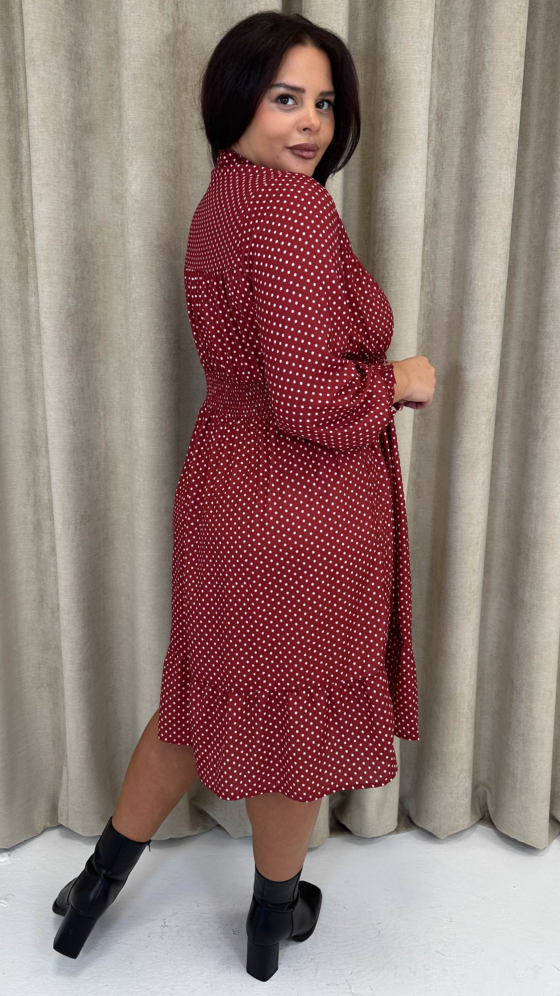 CurveWow Shirred Waist Tie Neck Dress Red Spot - Image 9