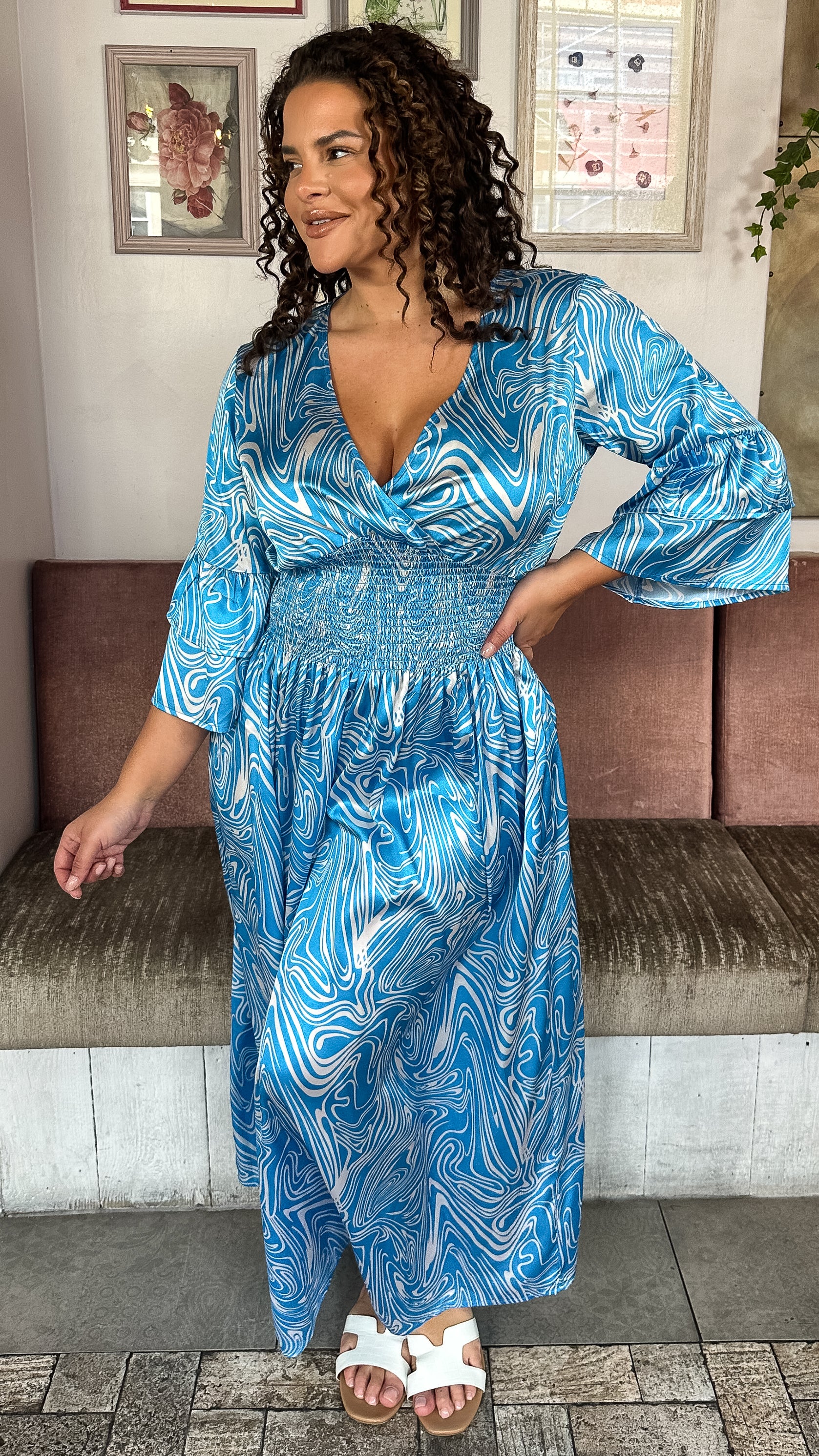 CurveWow Shirred V Neck Maxi Dress Light Blue - Image 3
