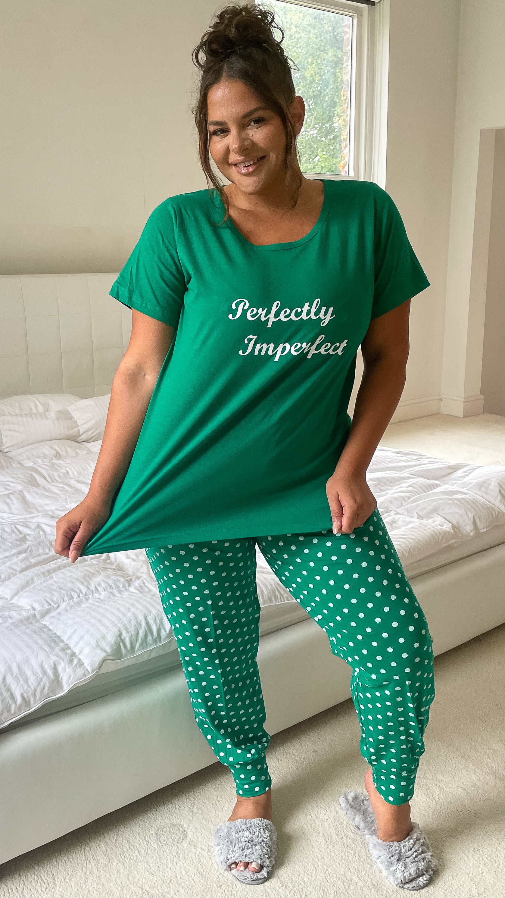 CurveWow Green Short Sleeve Slogan PJ Set - Image 6