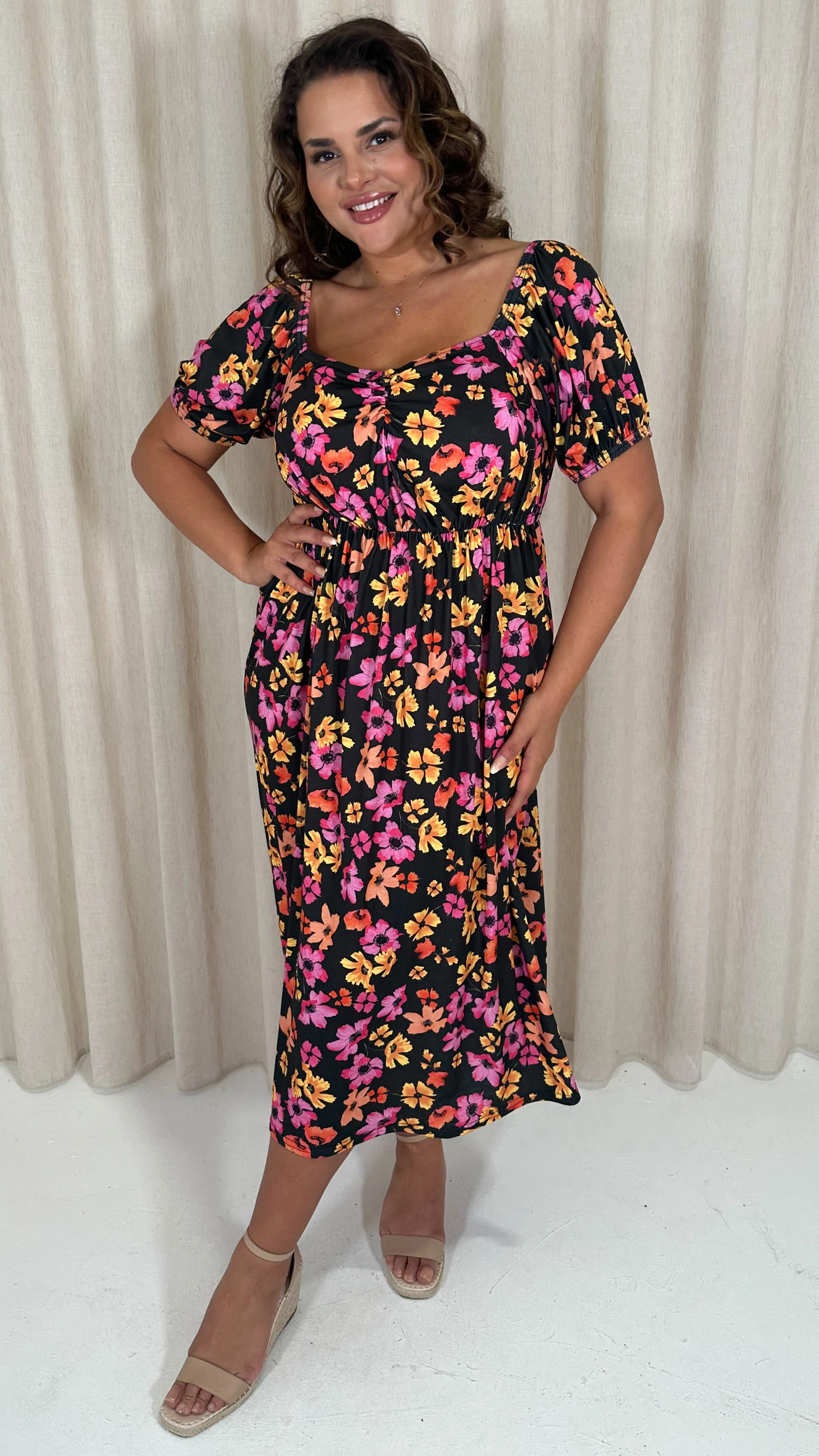 CurveWow Ruched Front Milk Maid Midi Dress Floral
