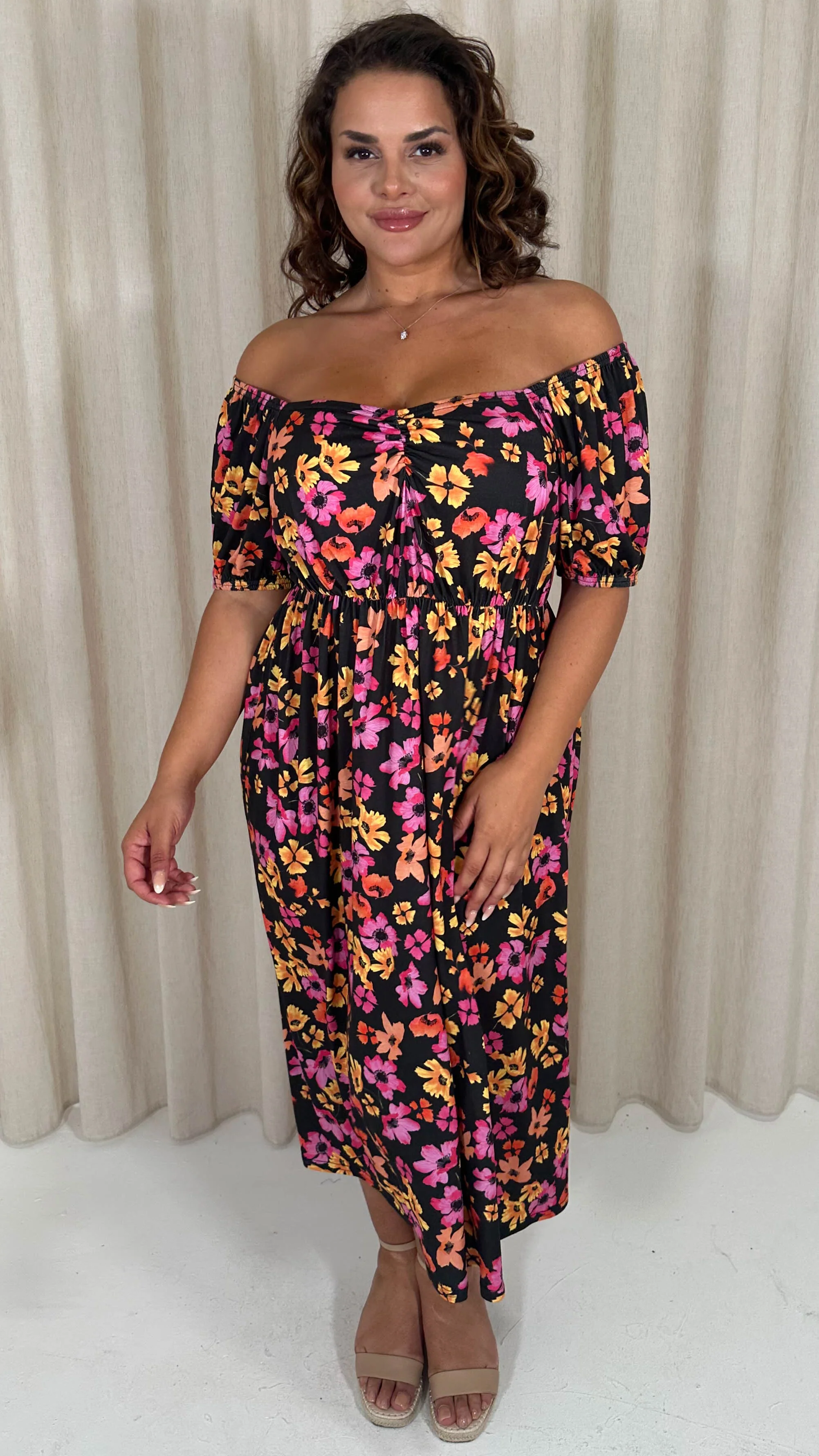 CurveWow Ruched Front Milk Maid Midi Dress Floral - Image 6
