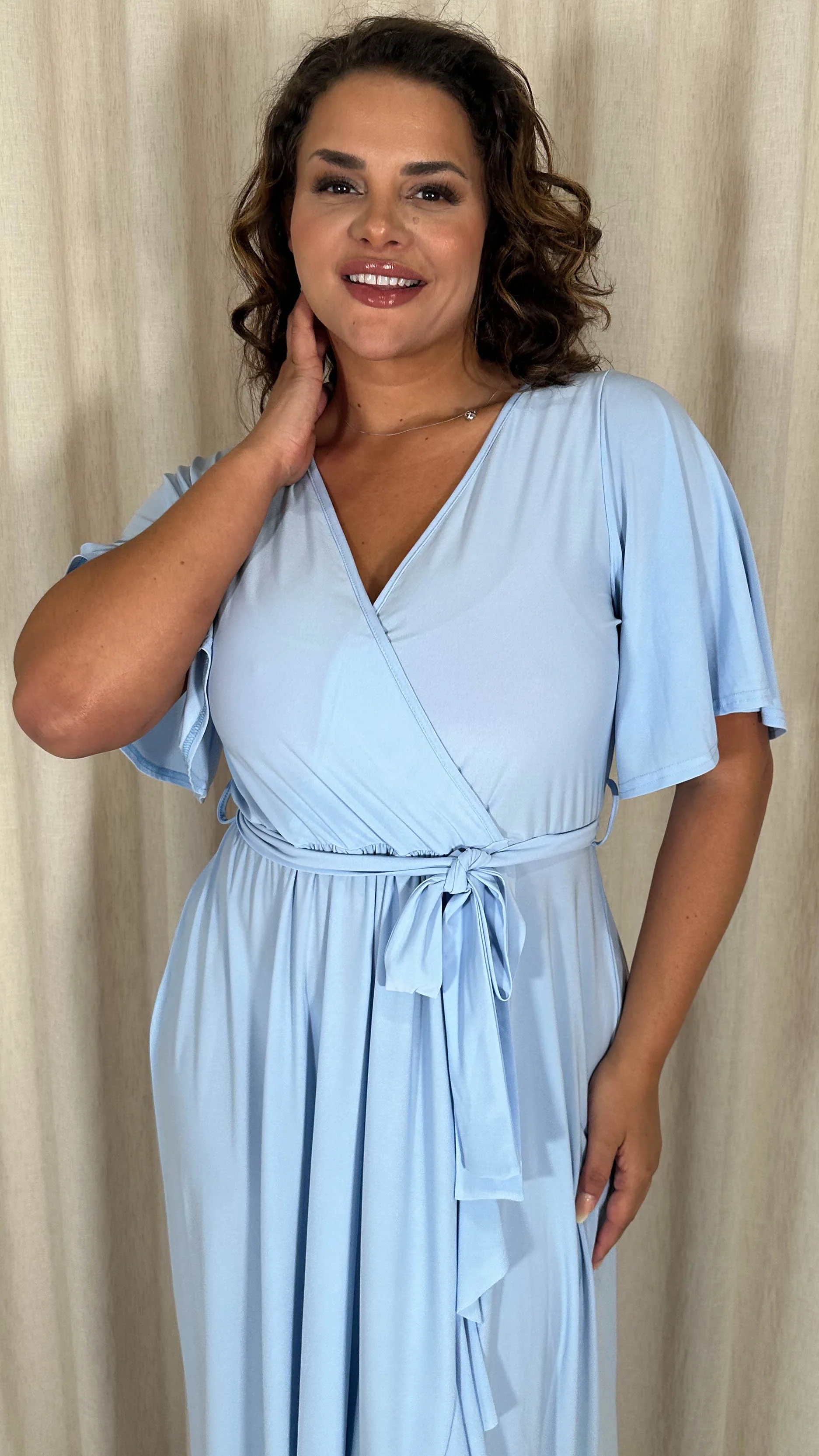 CurveWow Slinky Frill Wrap Dress Light Blue - Image 2
