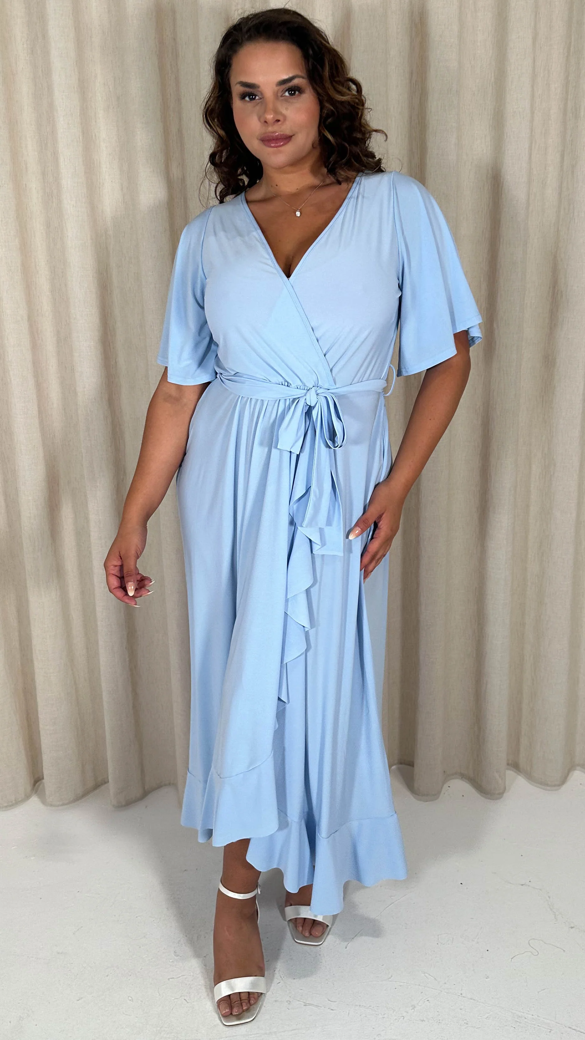 CurveWow Slinky Frill Wrap Dress Light Blue - Image 3
