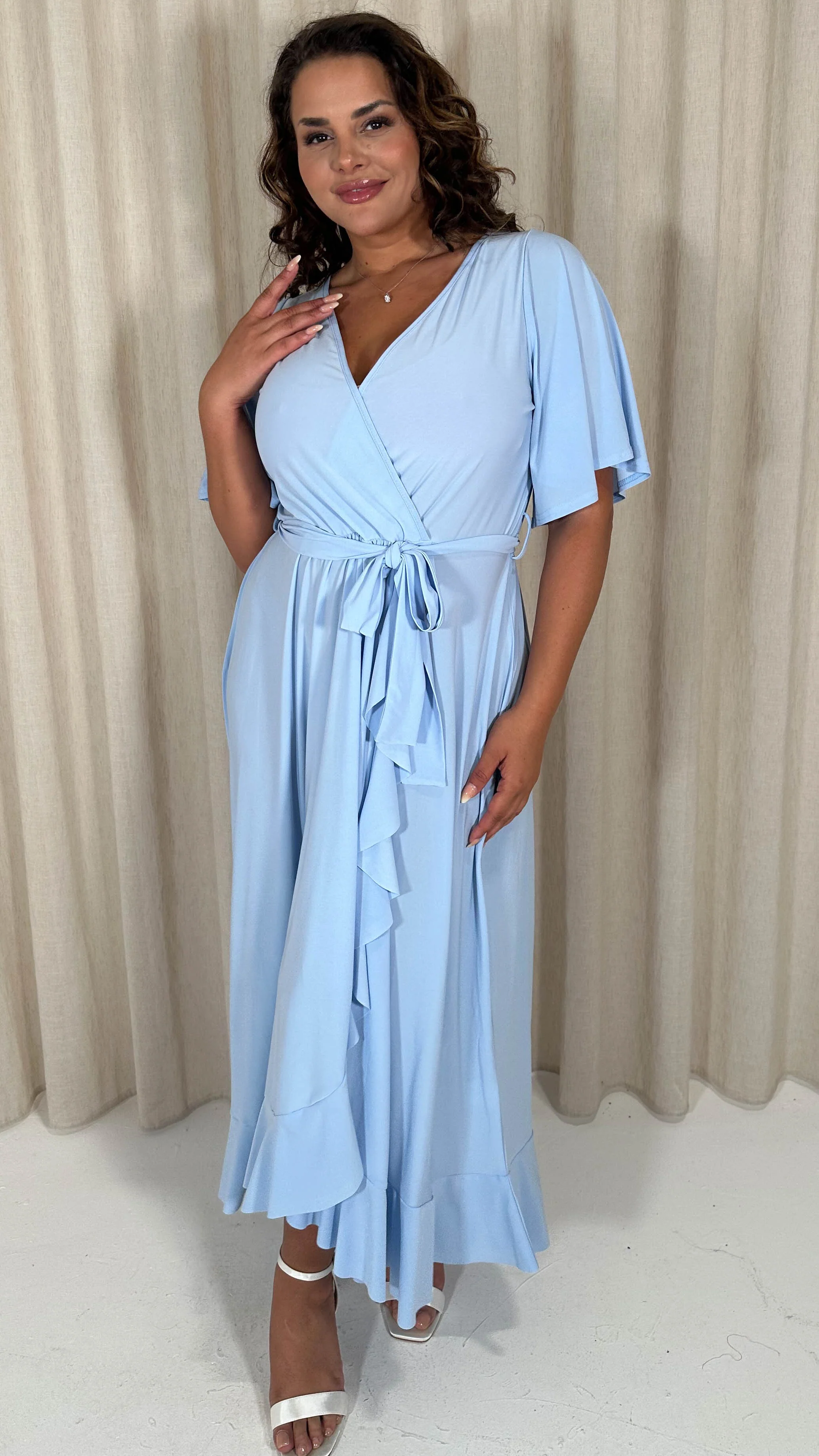CurveWow Slinky Frill Wrap Dress Light Blue - Image 4