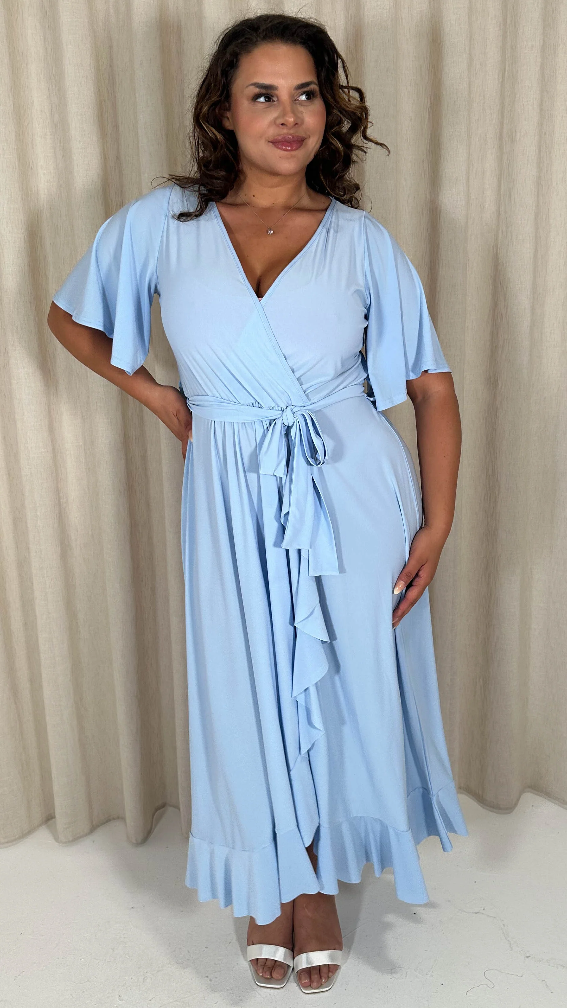 CurveWow Slinky Frill Wrap Dress Light Blue - Image 5