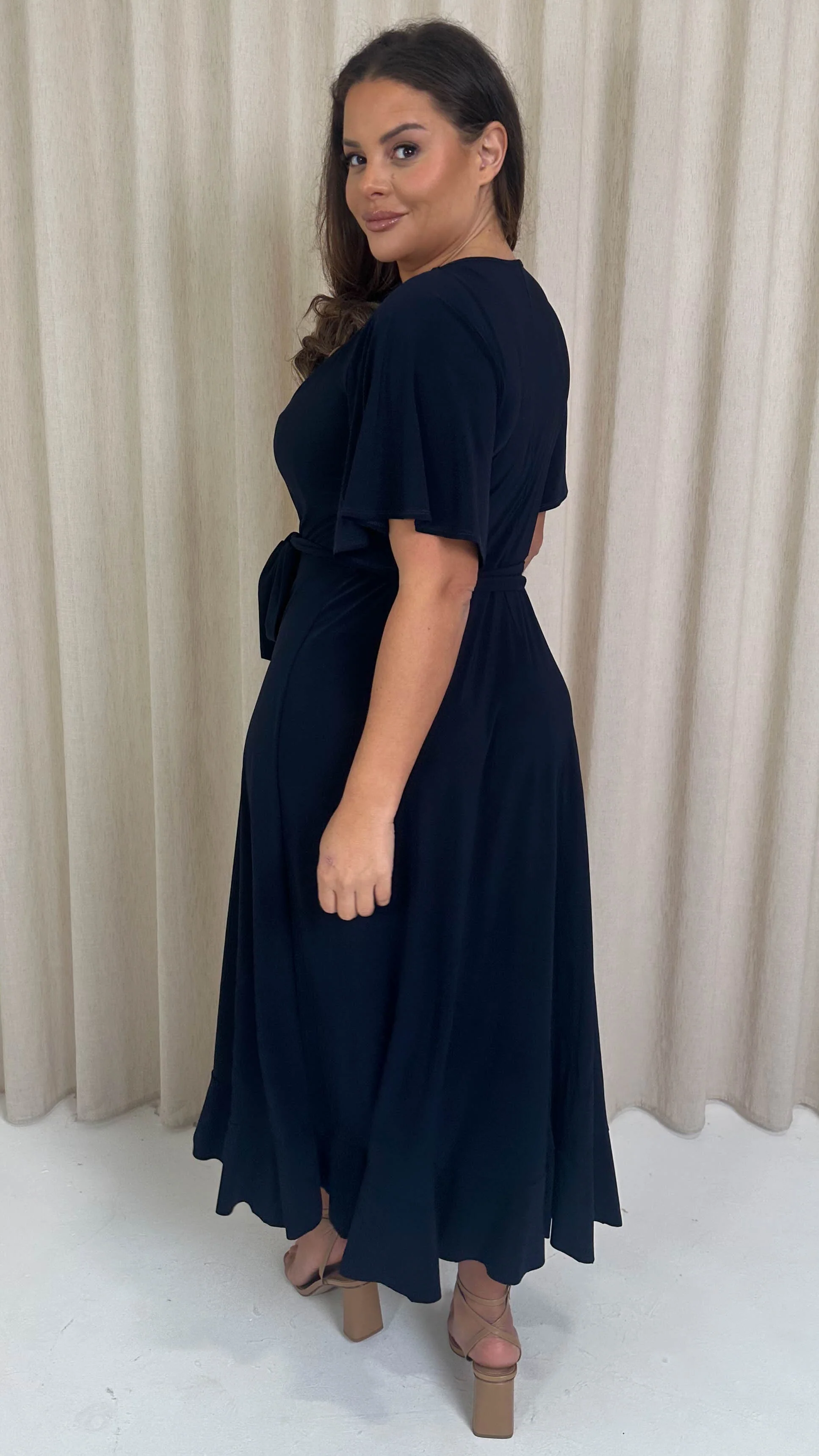 CurveWow Slinky Frill Wrap Dress Navy - Image 7