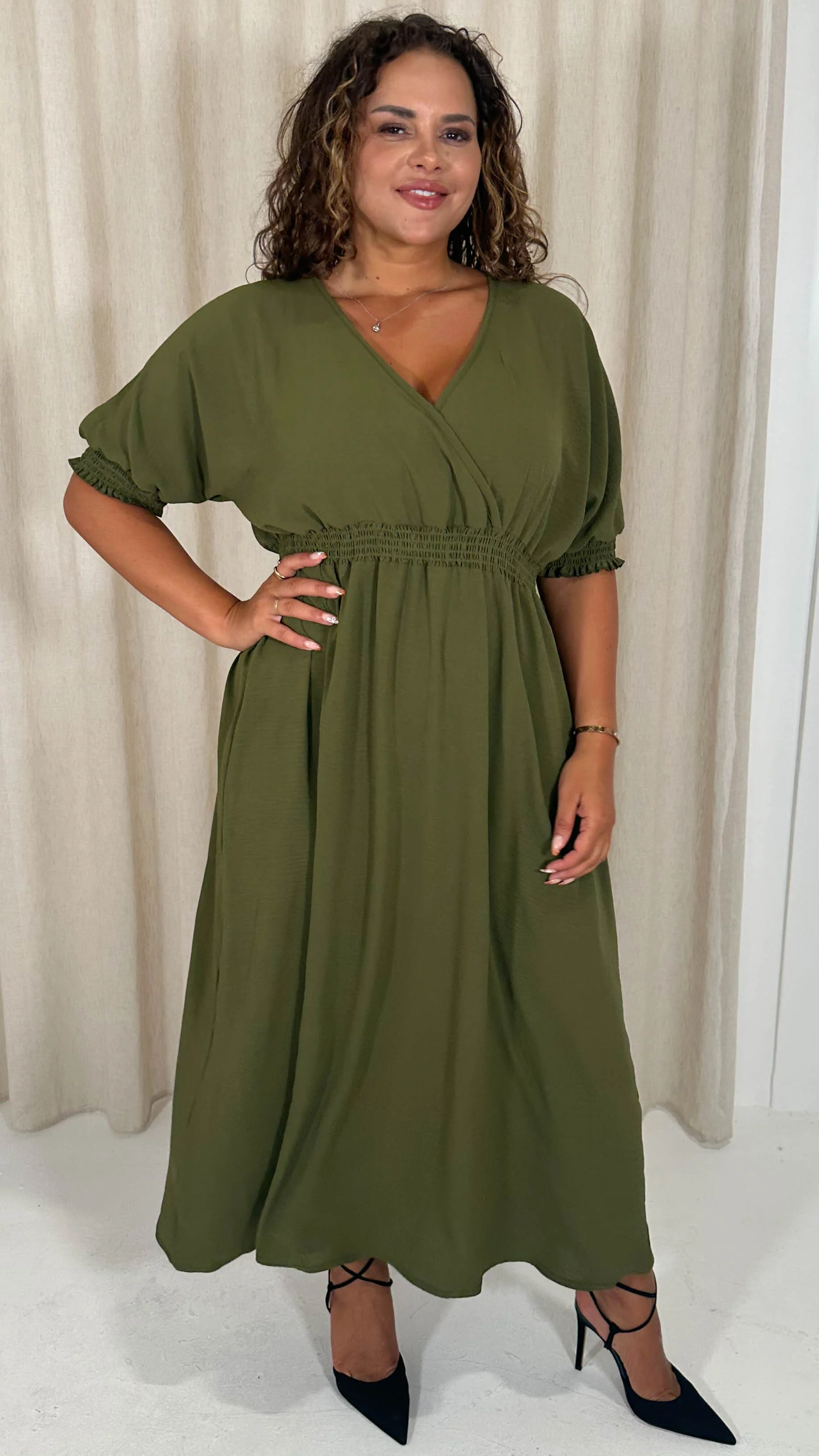 CurveWow Shirred Waist Cuff Midaxi Dress Khaki - Image 4