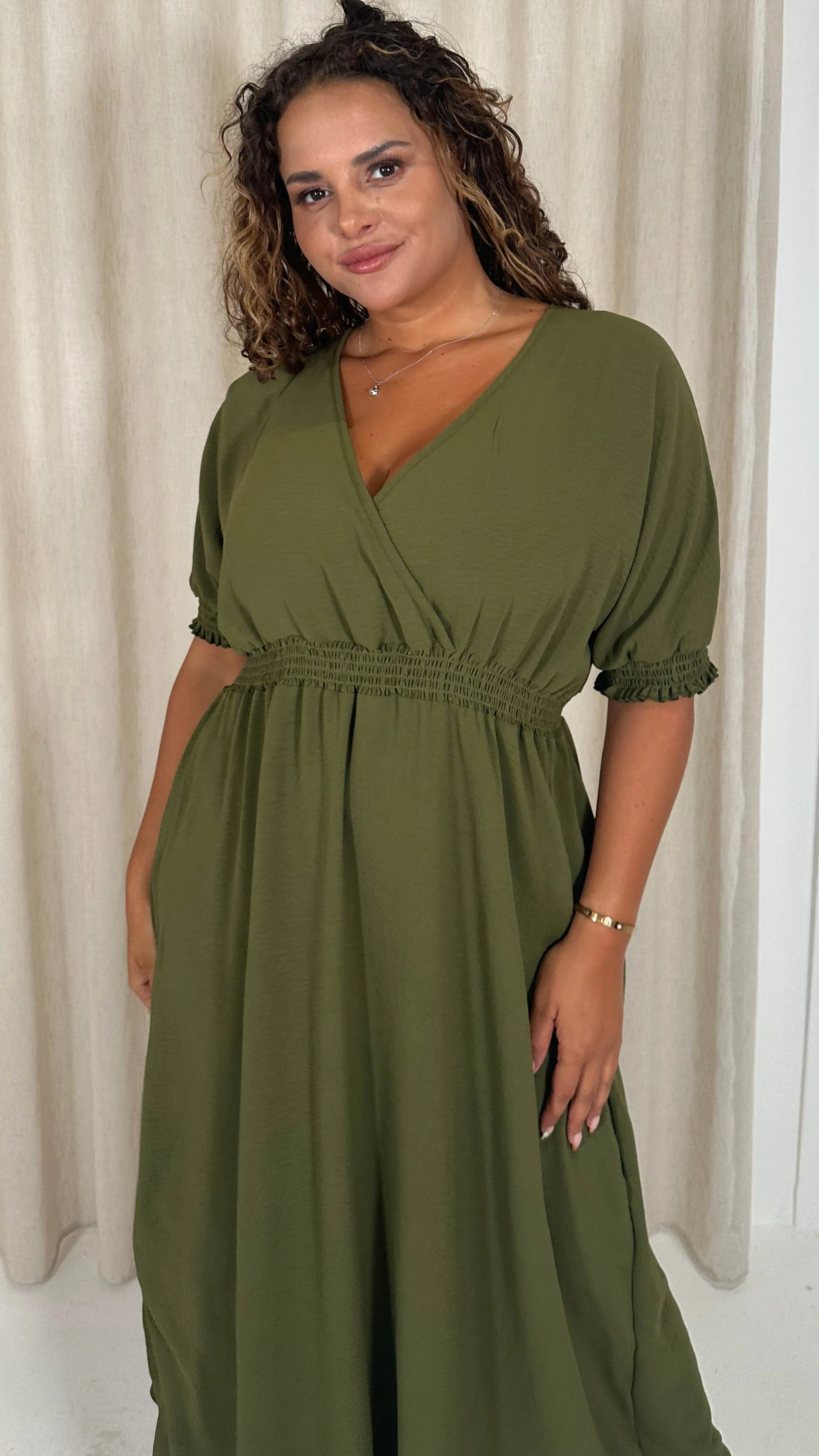 CurveWow Shirred Waist Cuff Midaxi Dress Khaki - Image 5
