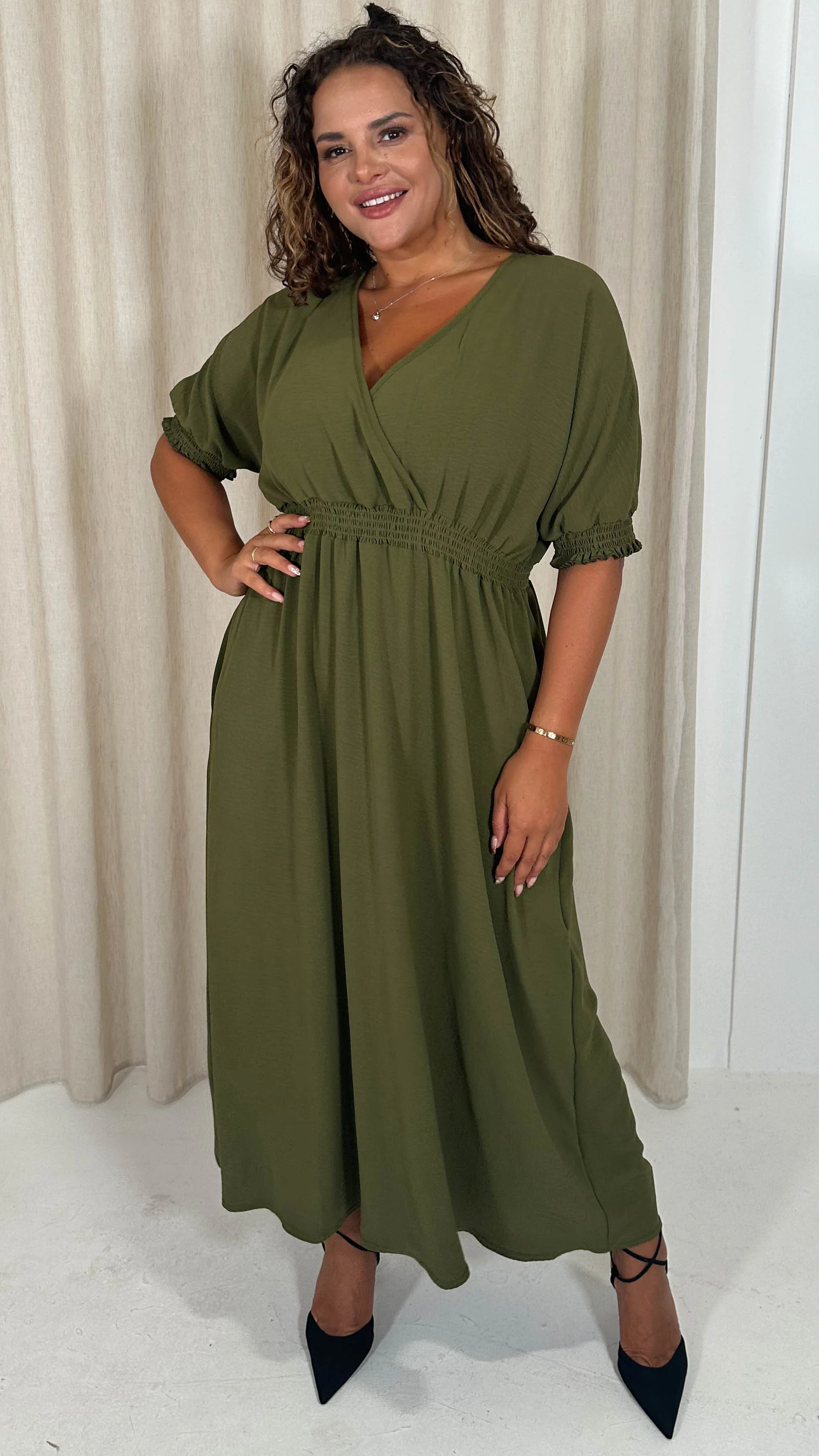 CurveWow Shirred Waist Cuff Midaxi Dress Khaki - Image 6