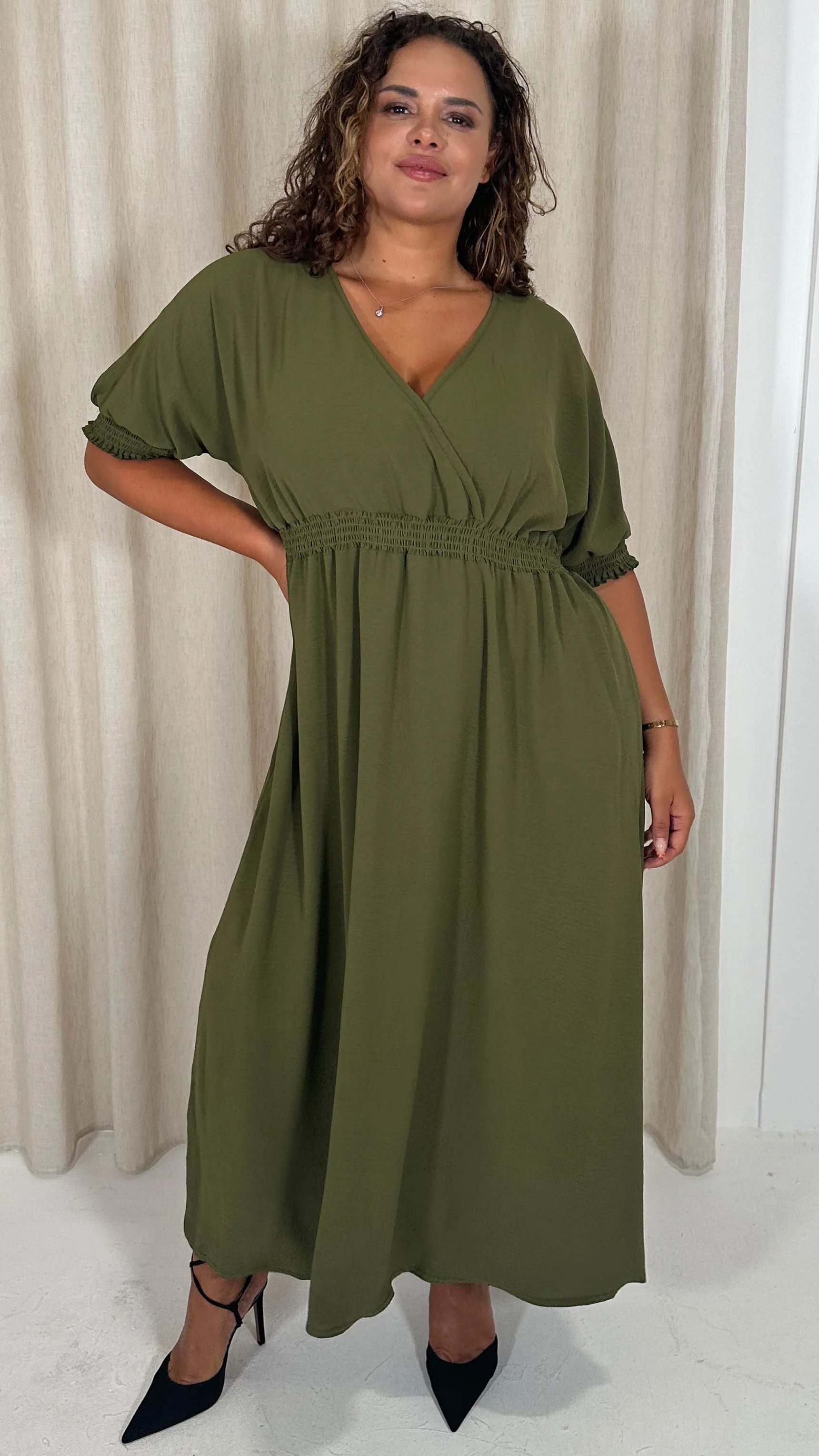 CurveWow Shirred Waist Cuff Midaxi Dress Khaki - Image 7
