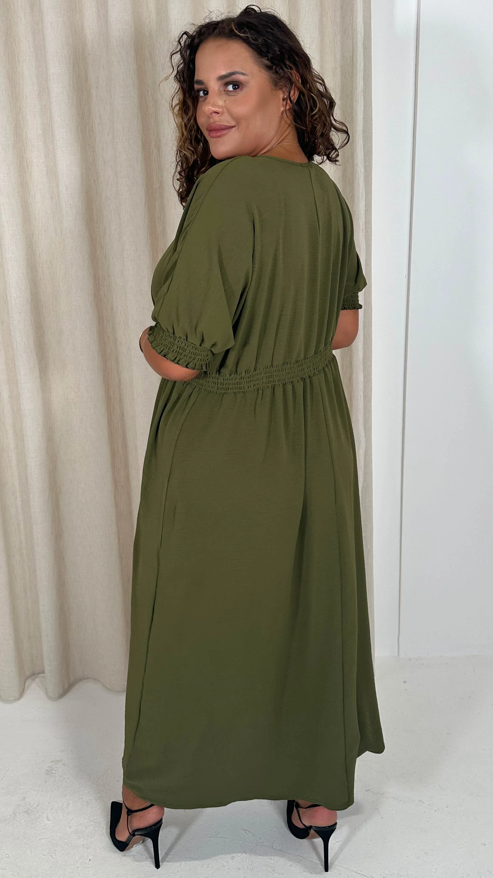 CurveWow Shirred Waist Cuff Midaxi Dress Khaki - Image 8