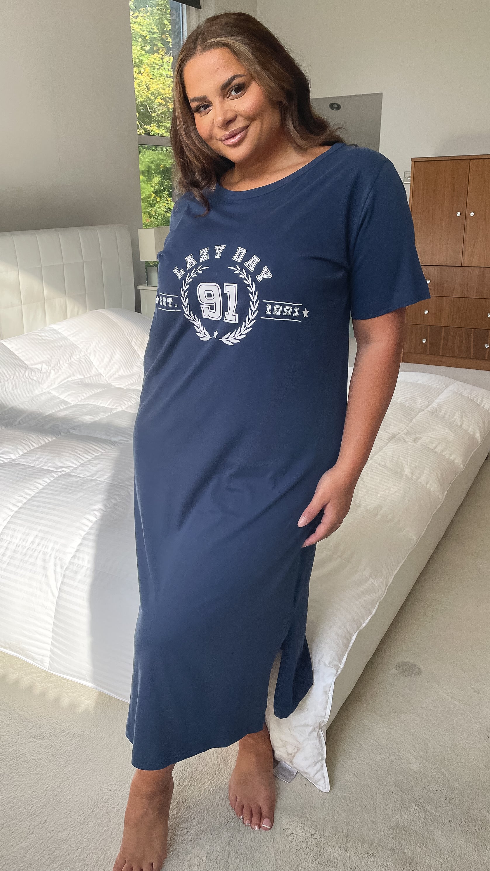 CurveWow Short Sleeve Slogan Nightdress Navy