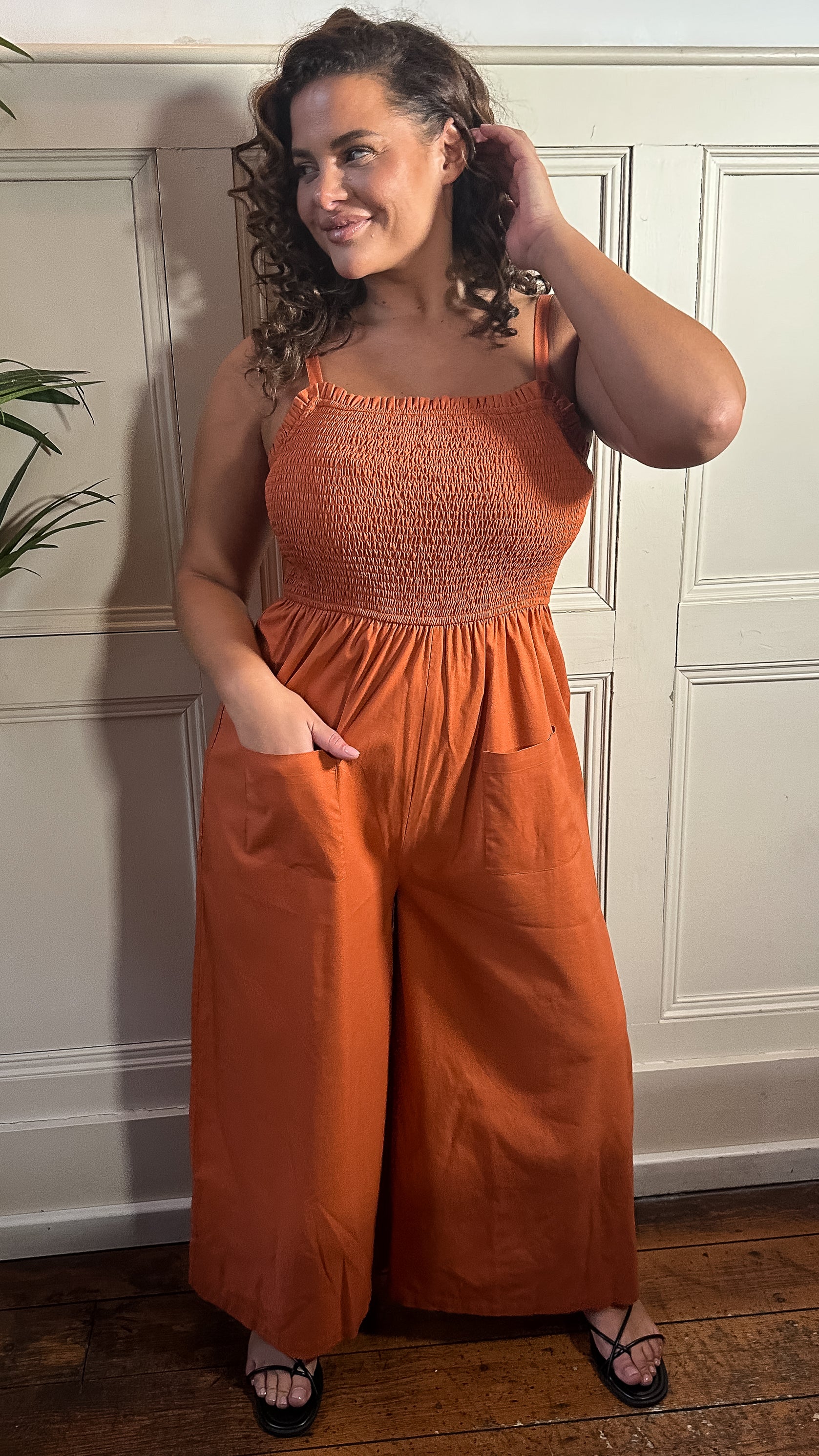 CurveWow Slub Shirred Pocket Jumpsuit Rust - Image 3