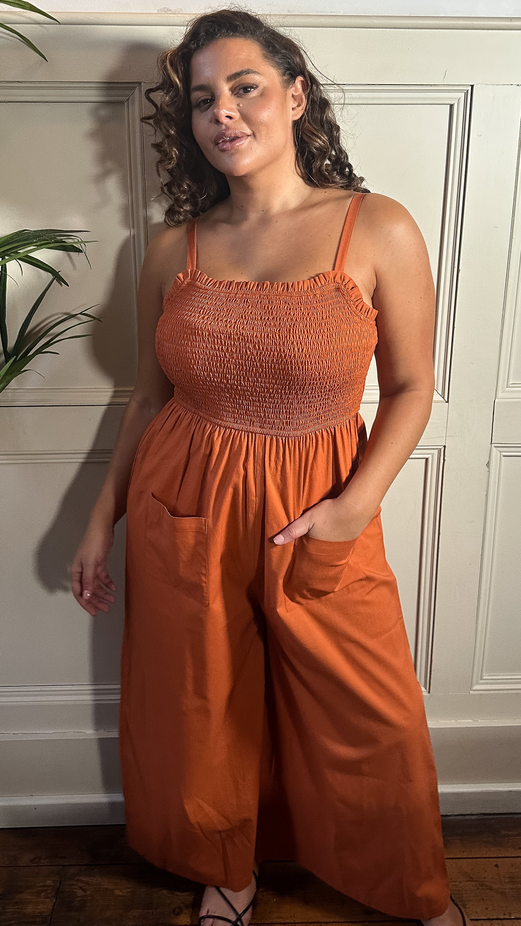 CurveWow Slub Shirred Pocket Jumpsuit Rust - Image 7