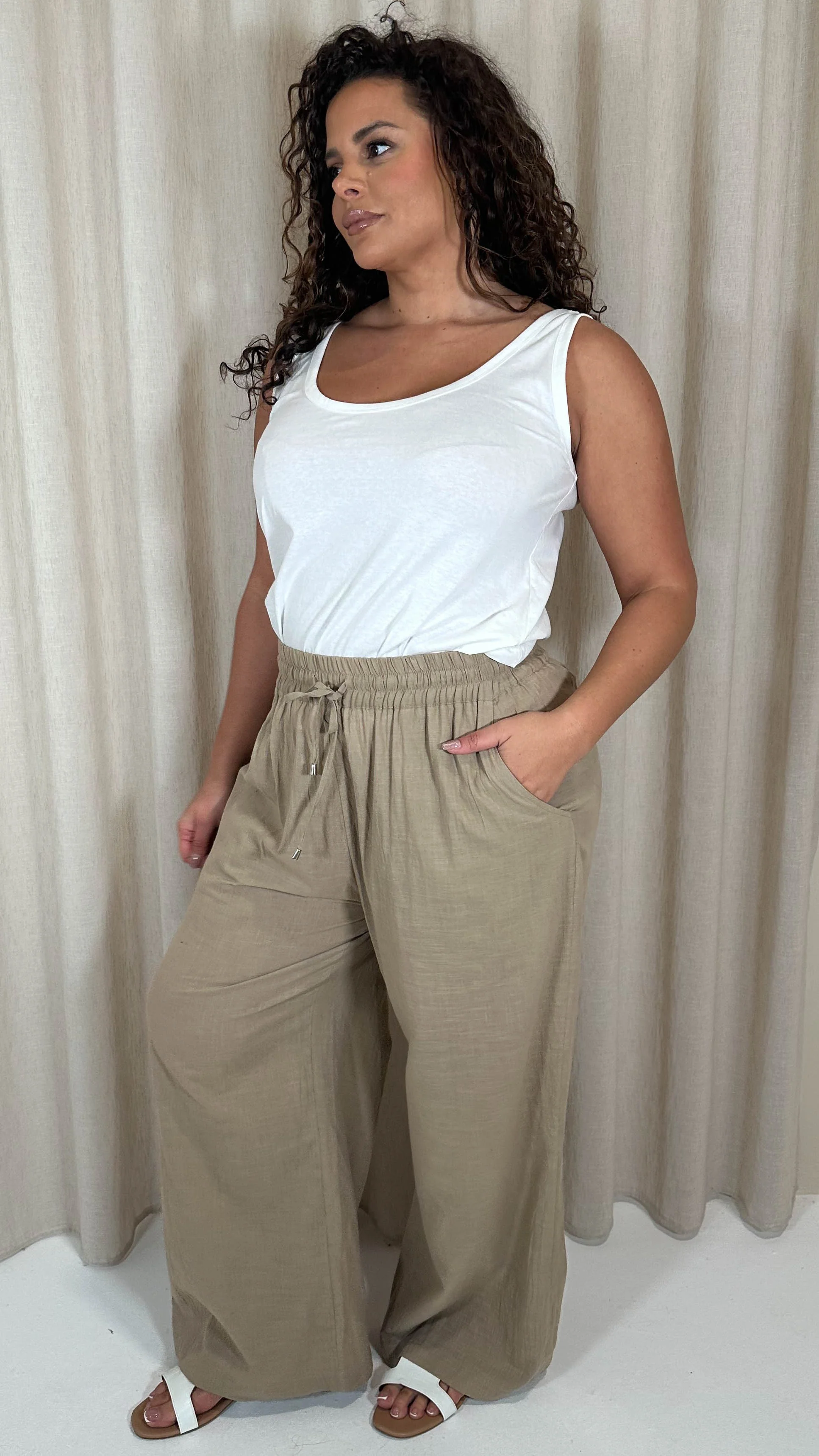 CurveWow Slub Wide Leg Trouser Mocha - Image 3