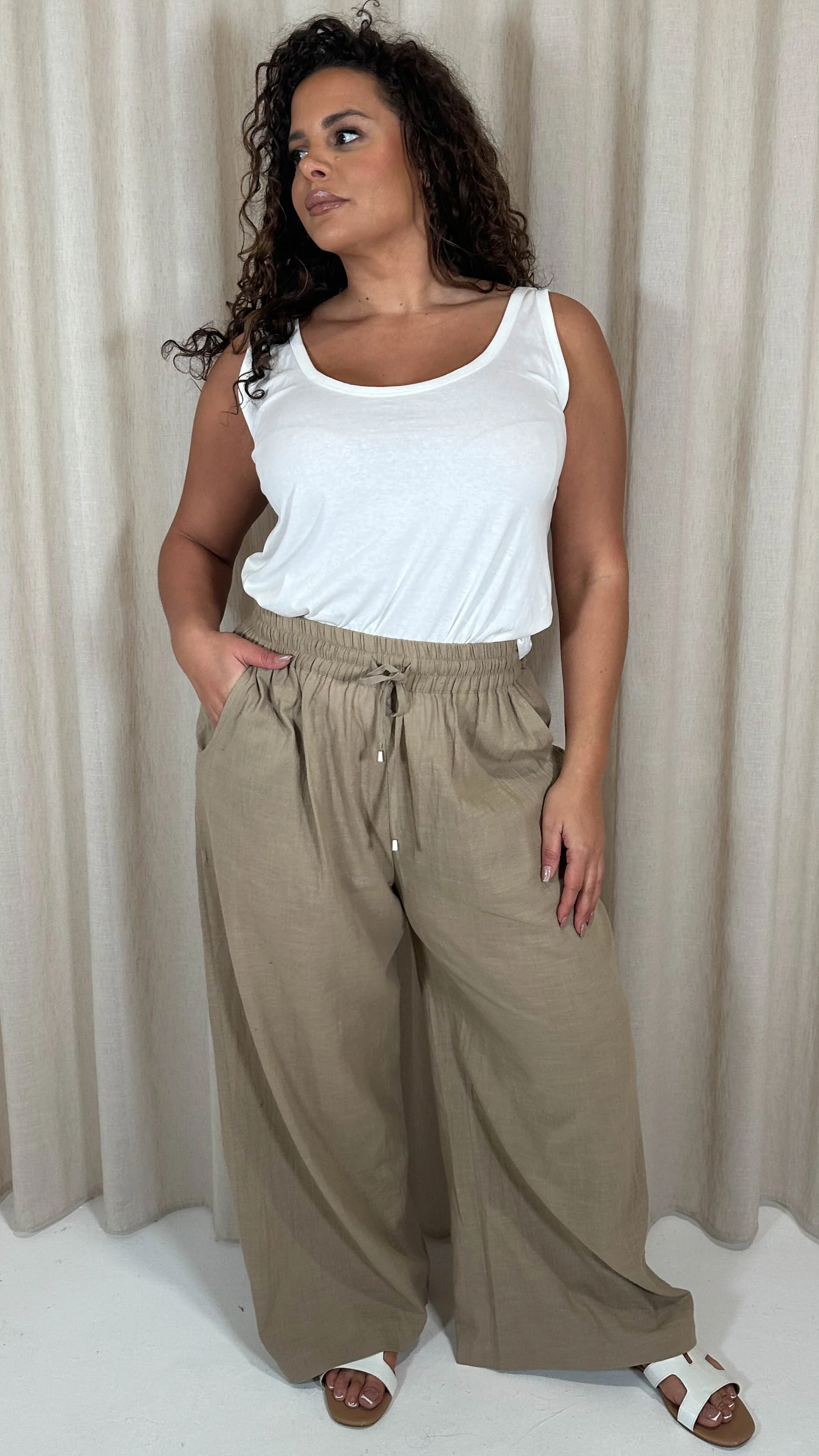 CurveWow Slub Wide Leg Trouser Mocha - Image 4