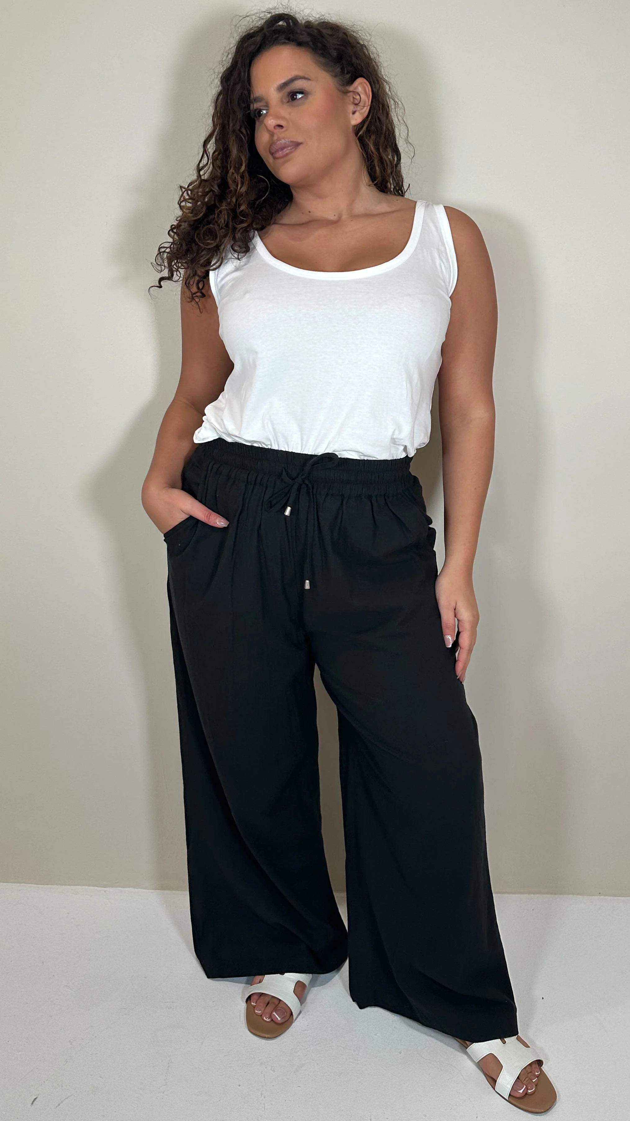 CurveWow Slub Wide Leg Trouser Black - Image 5
