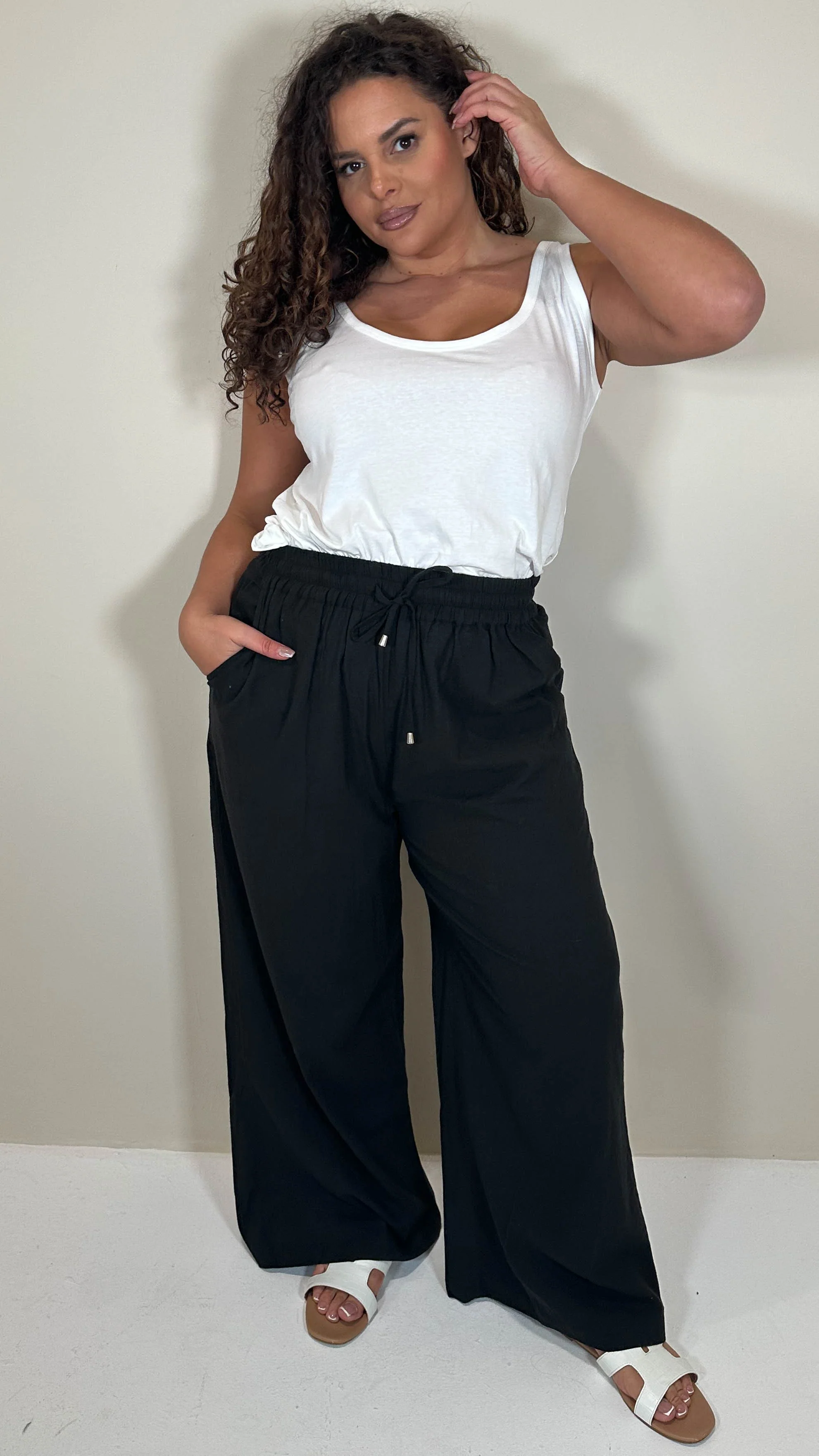 CurveWow Slub Wide Leg Trouser Black - Image 7