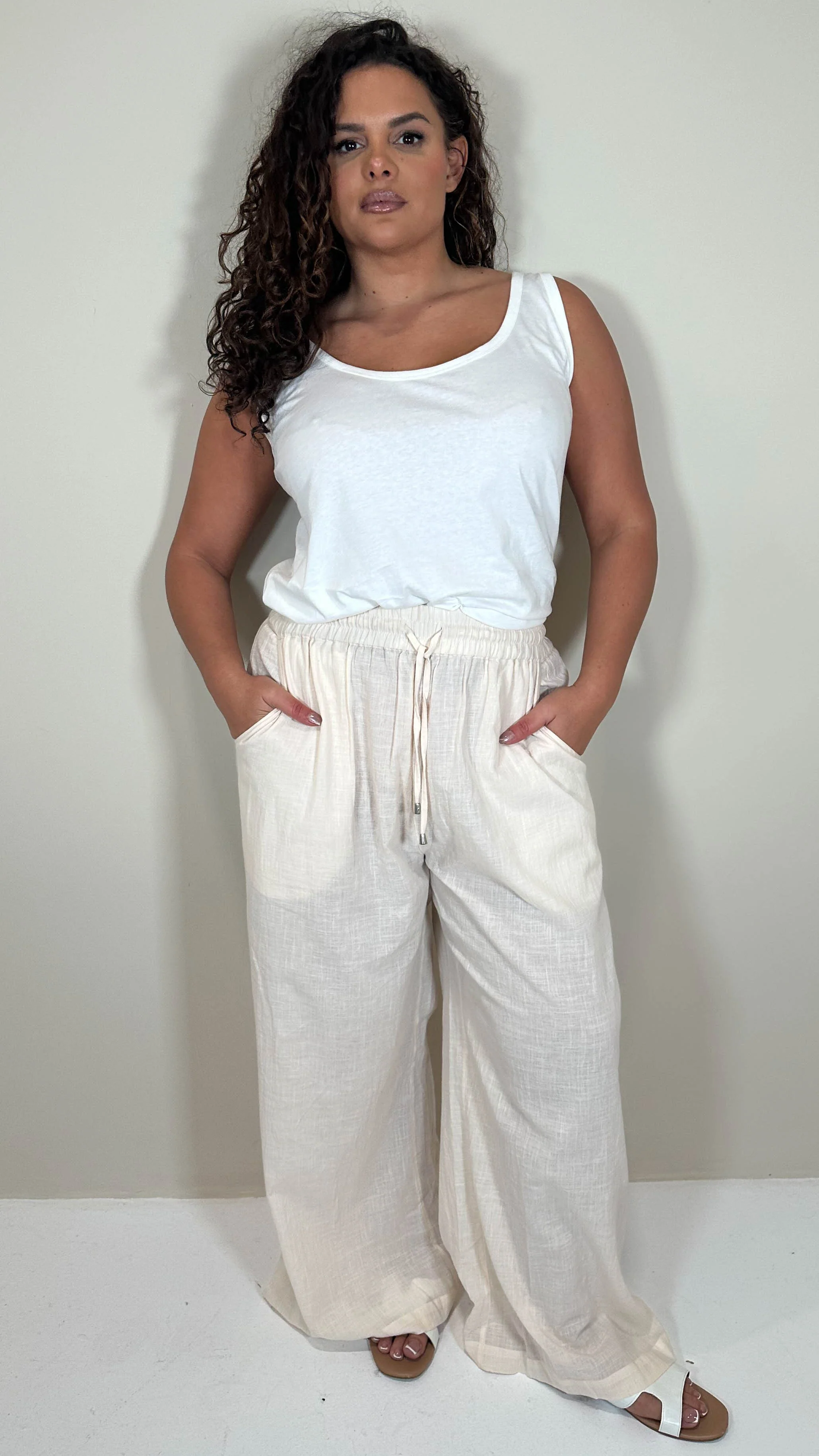 CurveWow Slub Wideleg Trousers Cream - Image 3