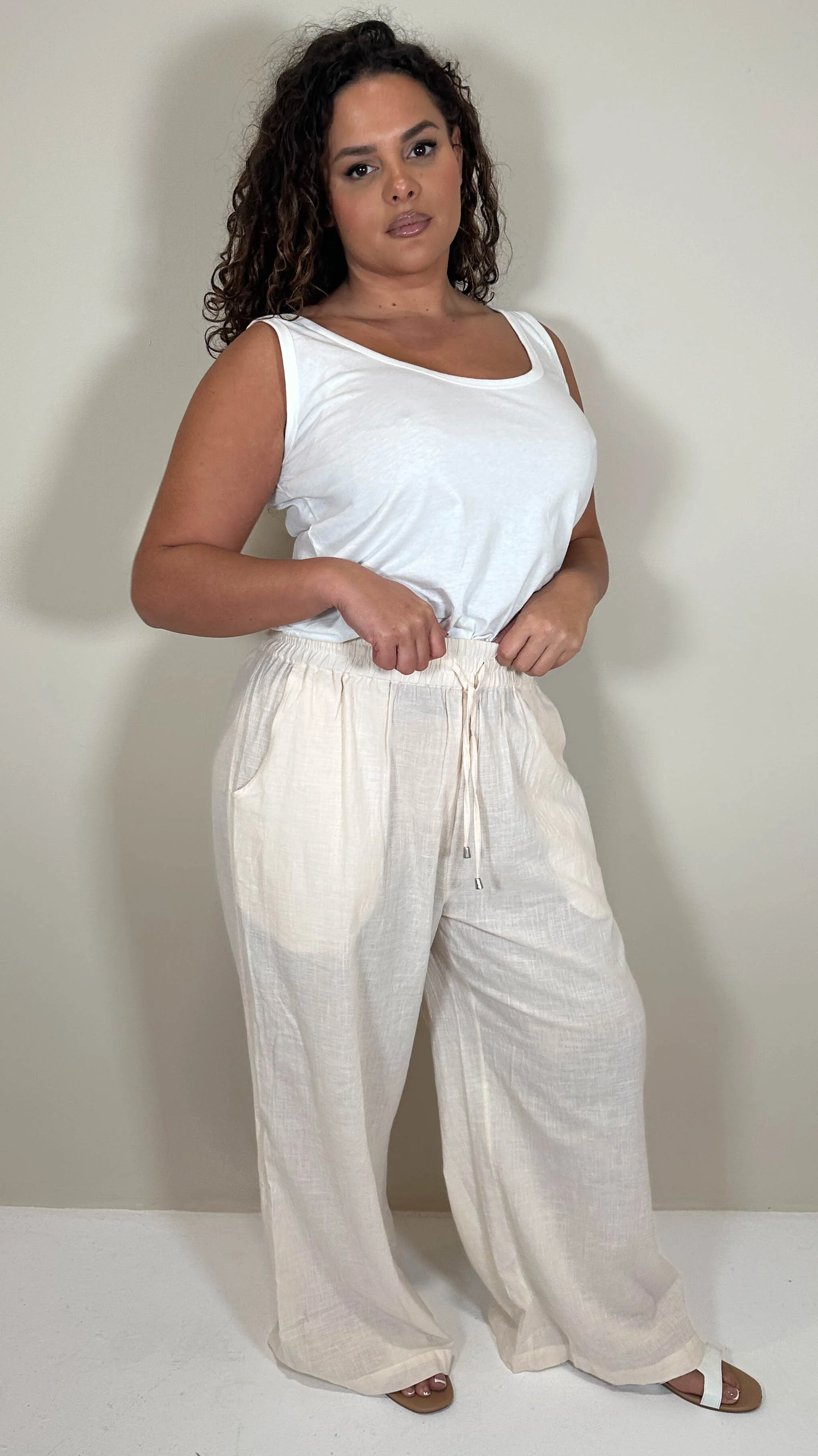 CurveWow Slub Wideleg Trousers Cream - Image 4