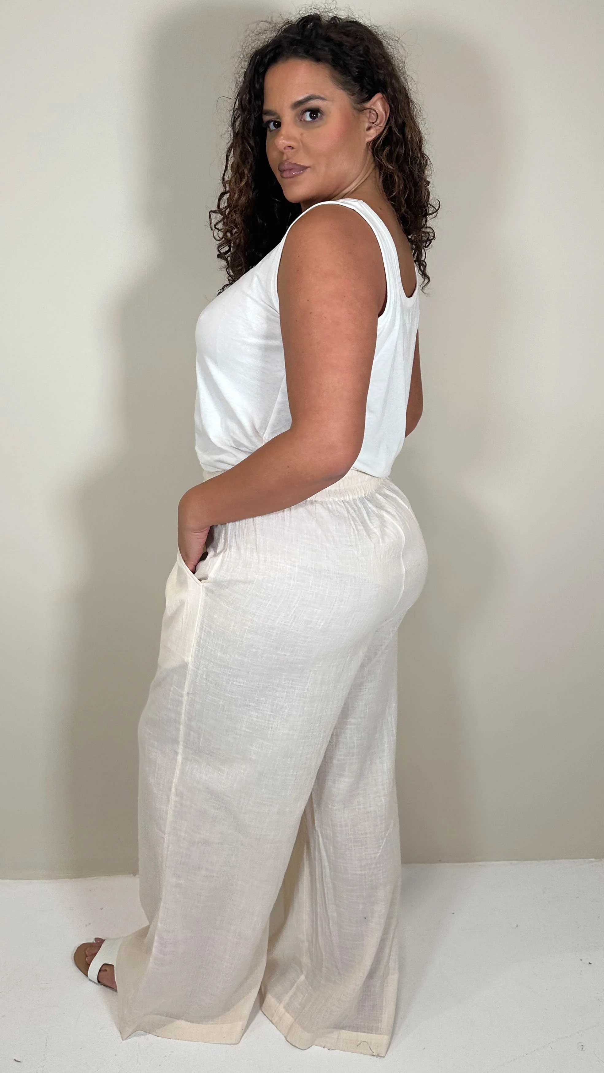 CurveWow Slub Wideleg Trousers Cream - Image 6
