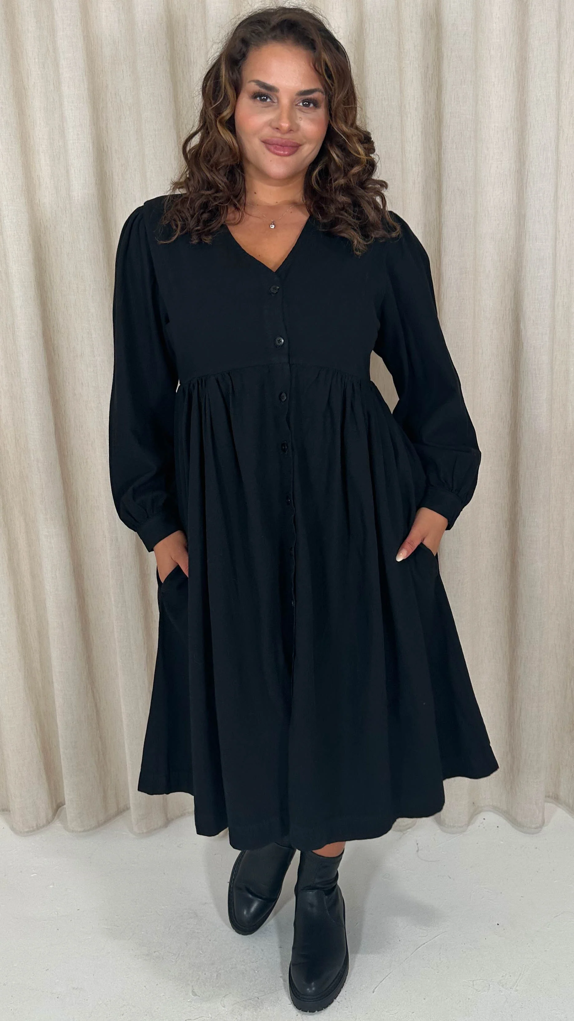 CurveWow Smock Button Front Dress Black - Image 3