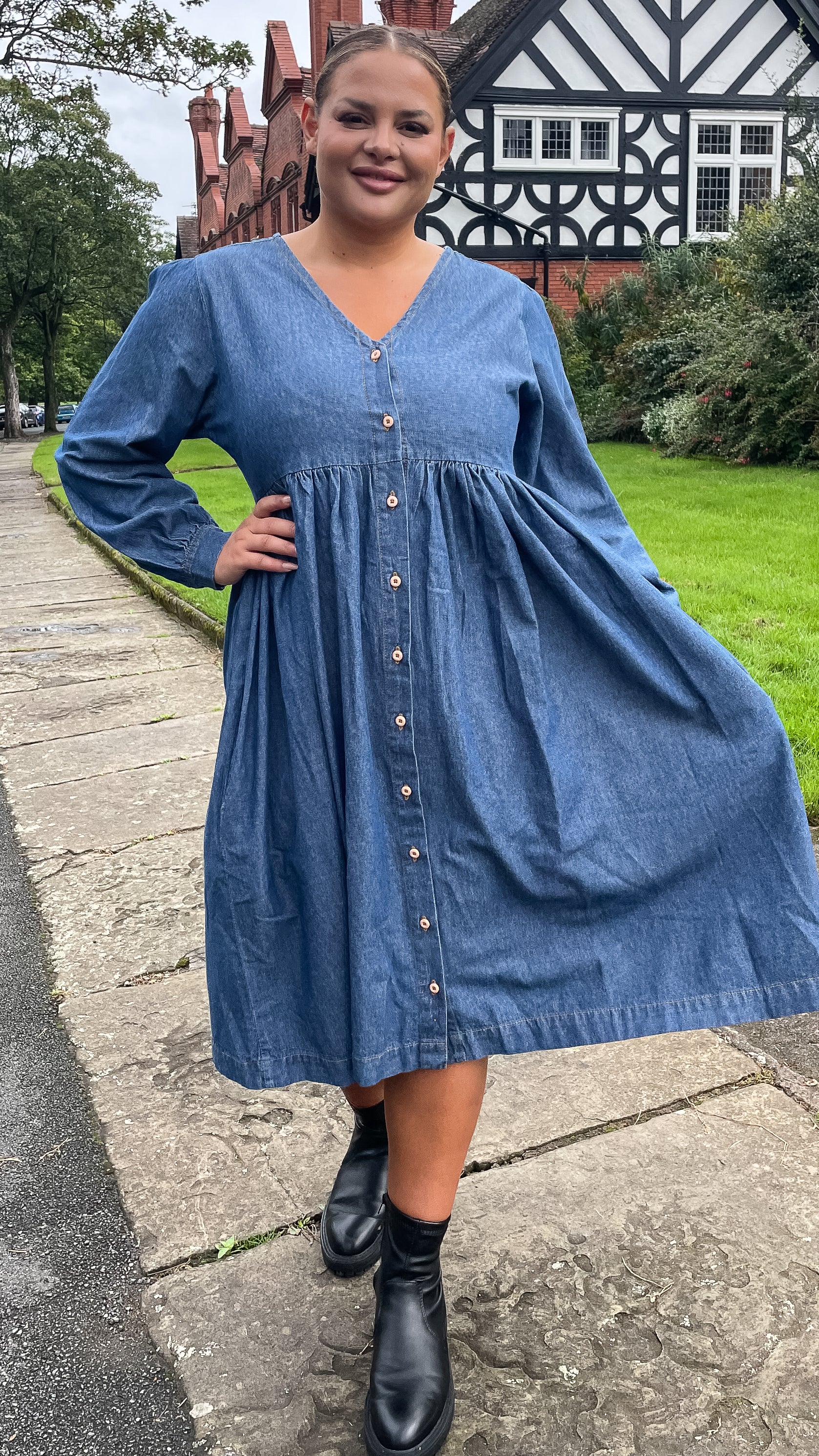 CurveWow Smock Button Front Dress Denim Blue - Image 3