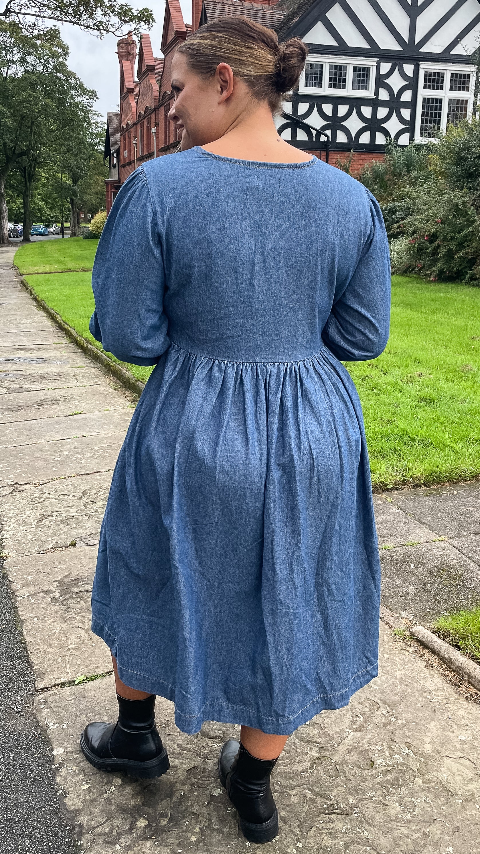 CurveWow Smock Button Front Dress Denim Blue - Image 5