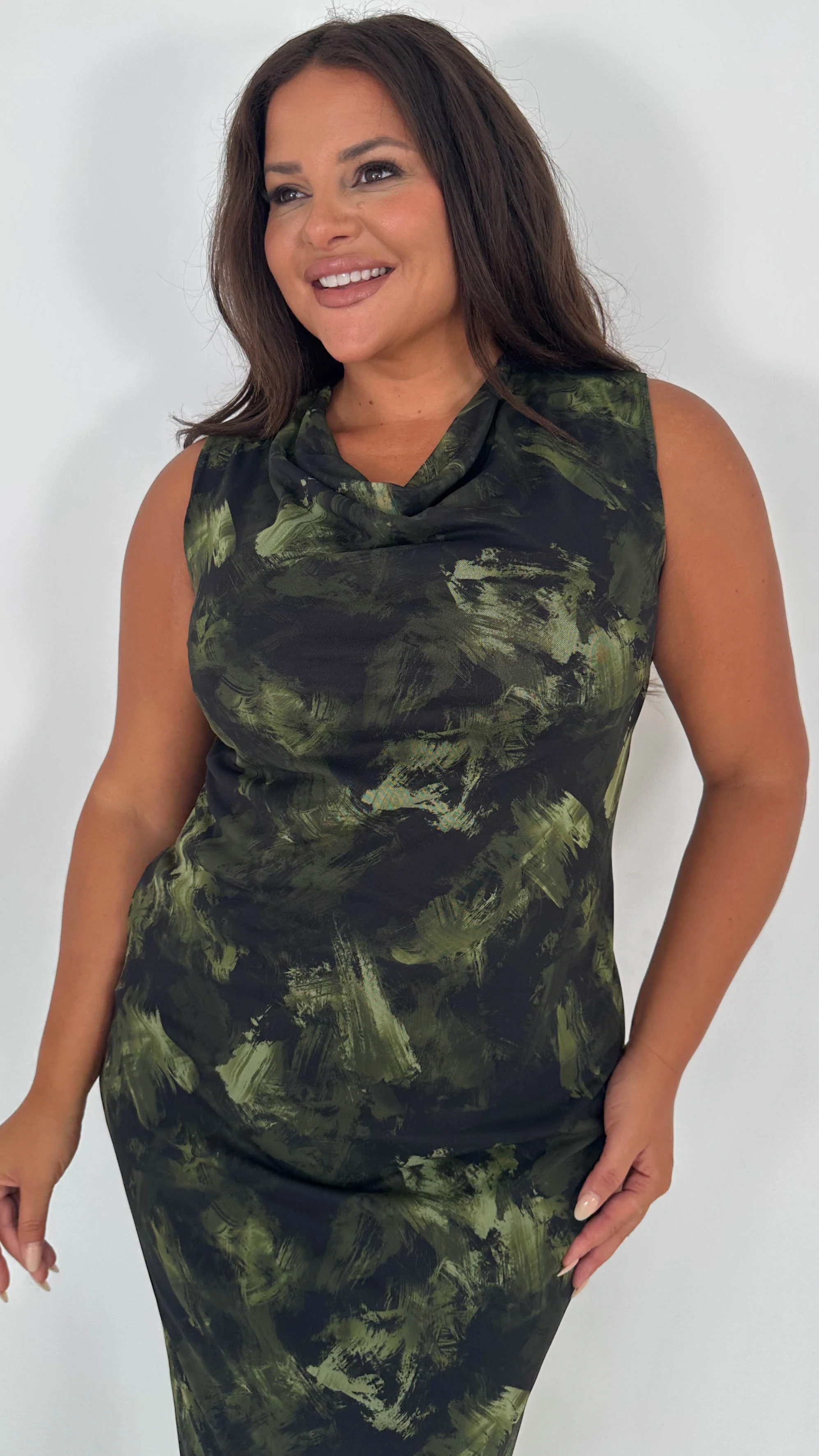 CurveWow Cowl Neck Mesh Midaxi Dress Green Brushstroke - Image 2
