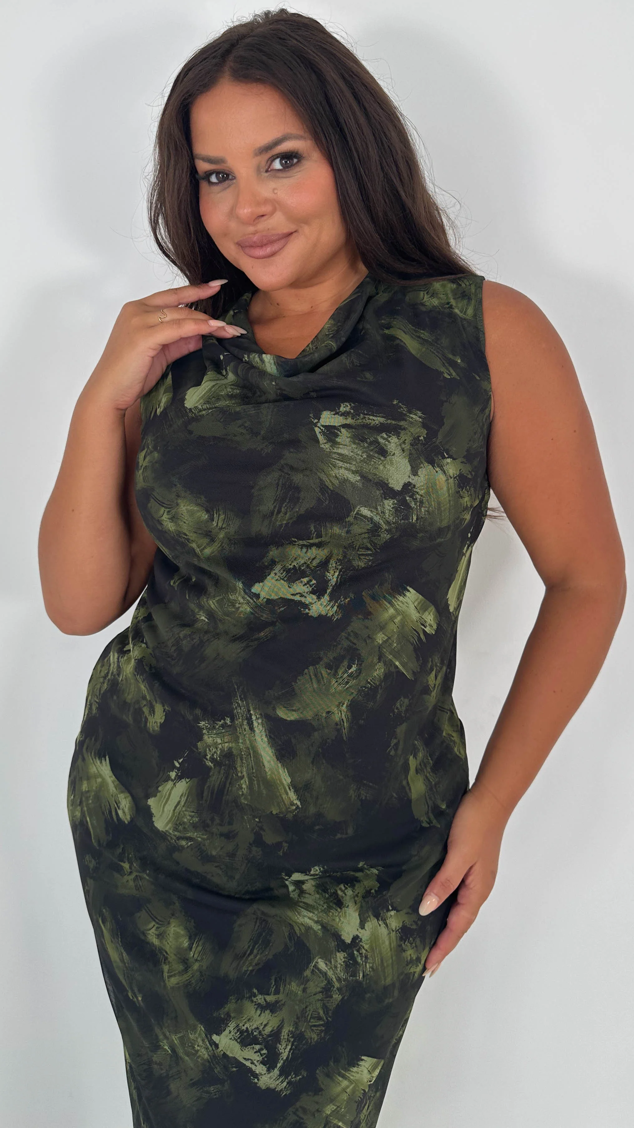 CurveWow Cowl Neck Mesh Midaxi Dress Green Brushstroke - Image 4