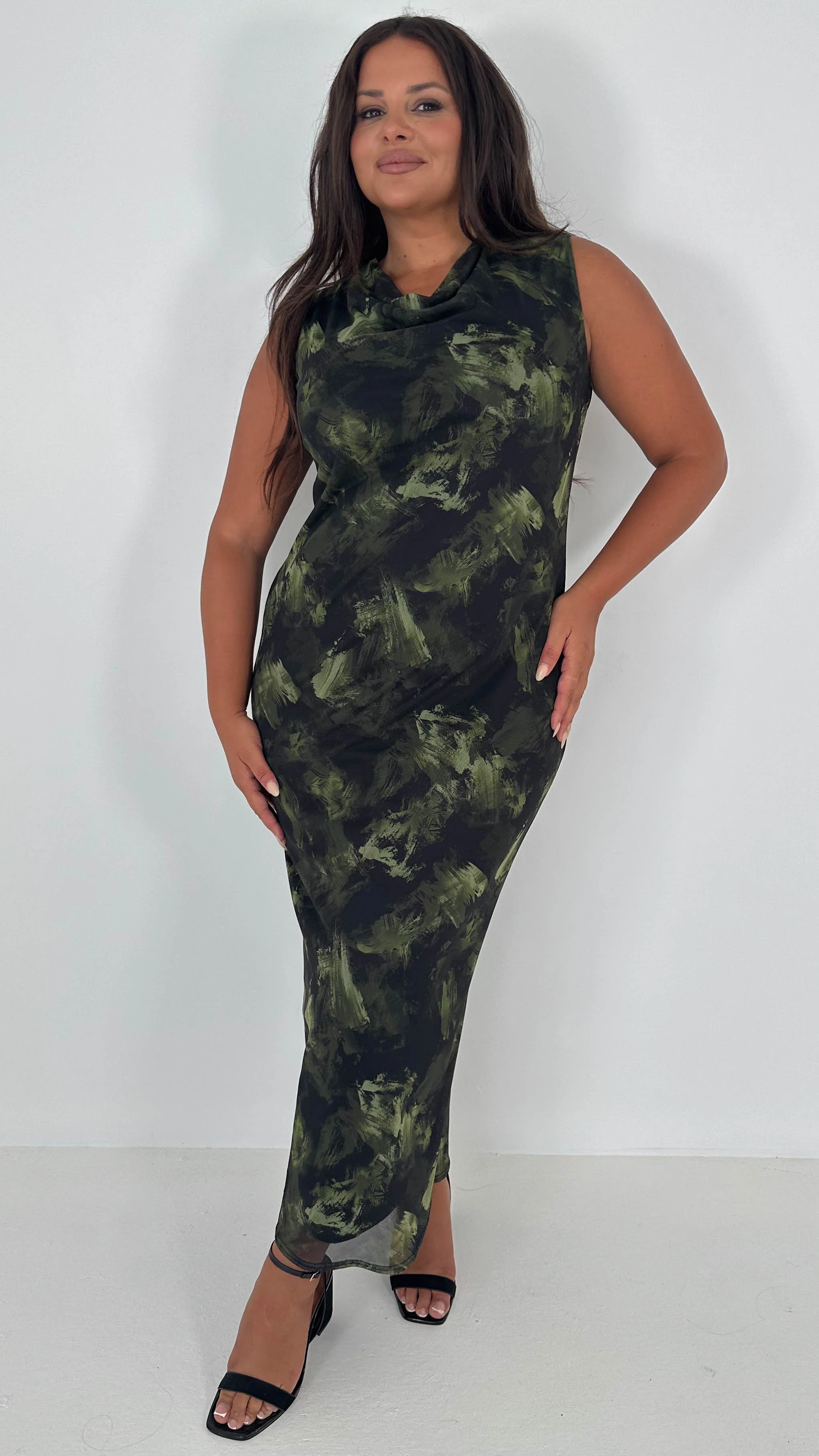 CurveWow Cowl Neck Mesh Midaxi Dress Green Brushstroke - Image 5
