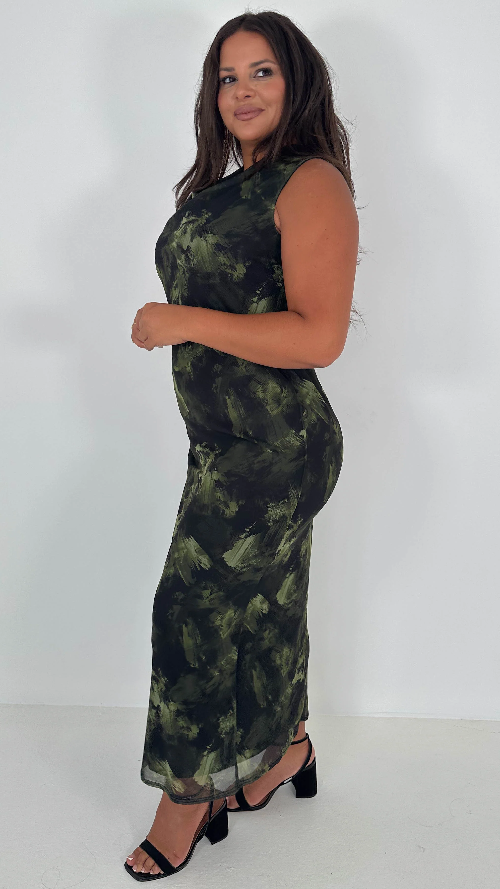 CurveWow Cowl Neck Mesh Midaxi Dress Green Brushstroke - Image 7