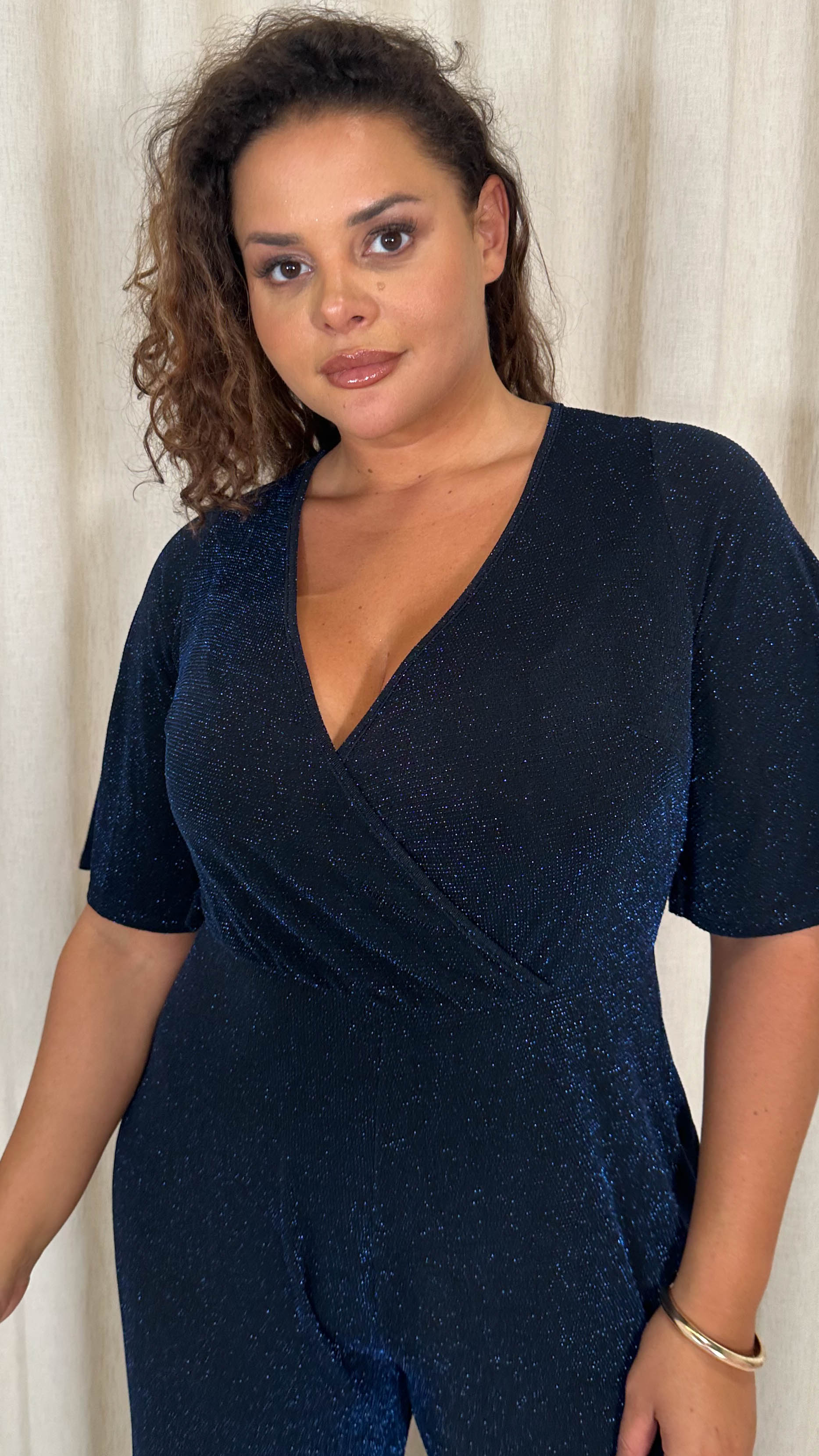 CurveWow Sparkle Wrap Jumpsuit Black and Blue - Image 2