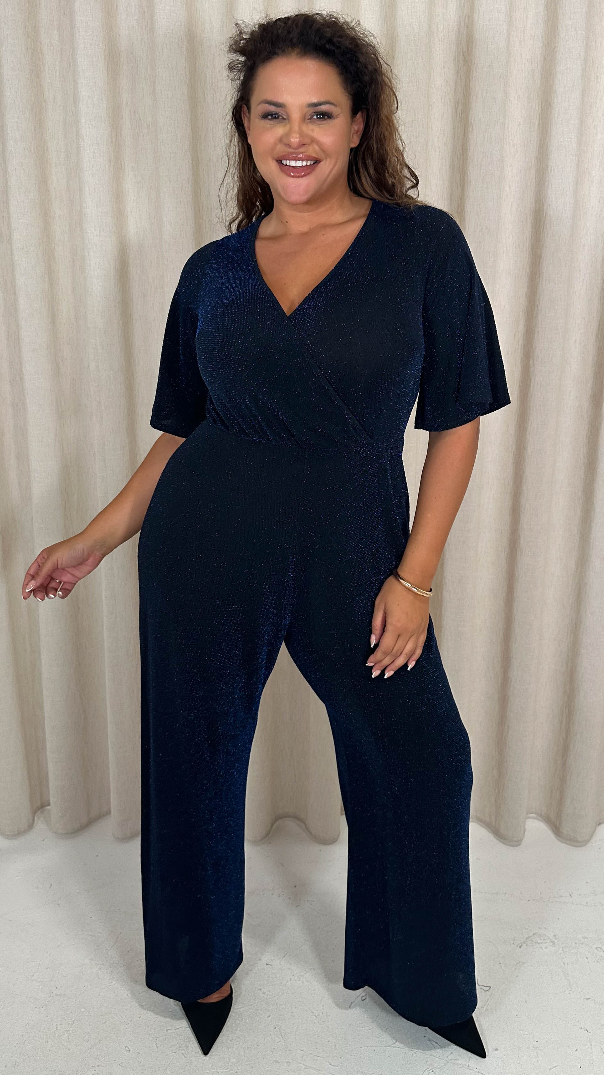 CurveWow Sparkle Wrap Jumpsuit Black and Blue - Image 3