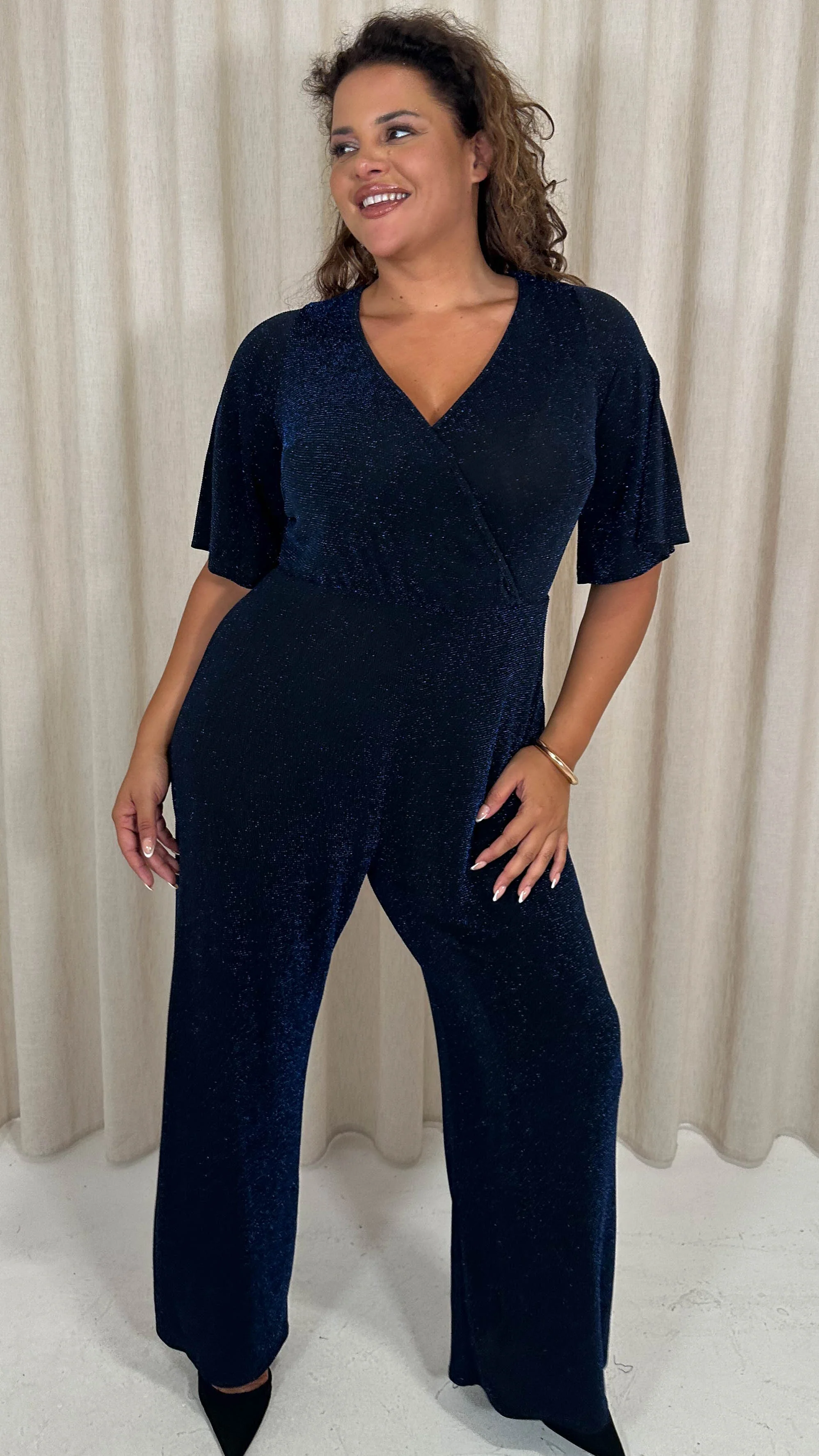 CurveWow Sparkle Wrap Jumpsuit Black and Blue - Image 4
