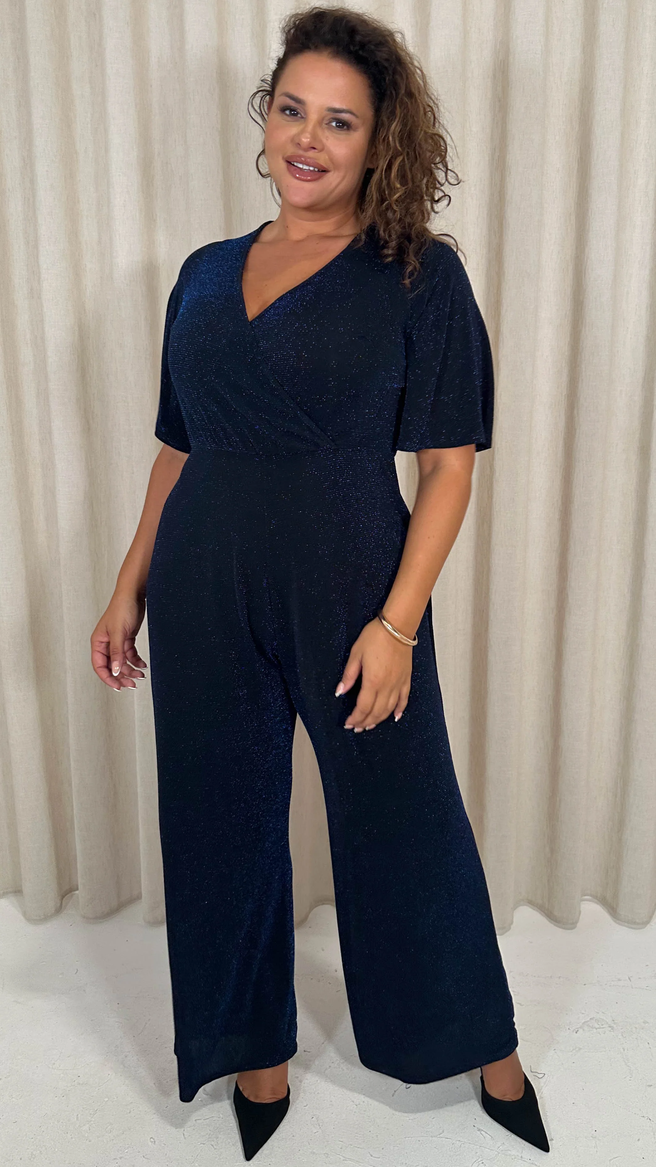 CurveWow Sparkle Wrap Jumpsuit Black and Blue - Image 5
