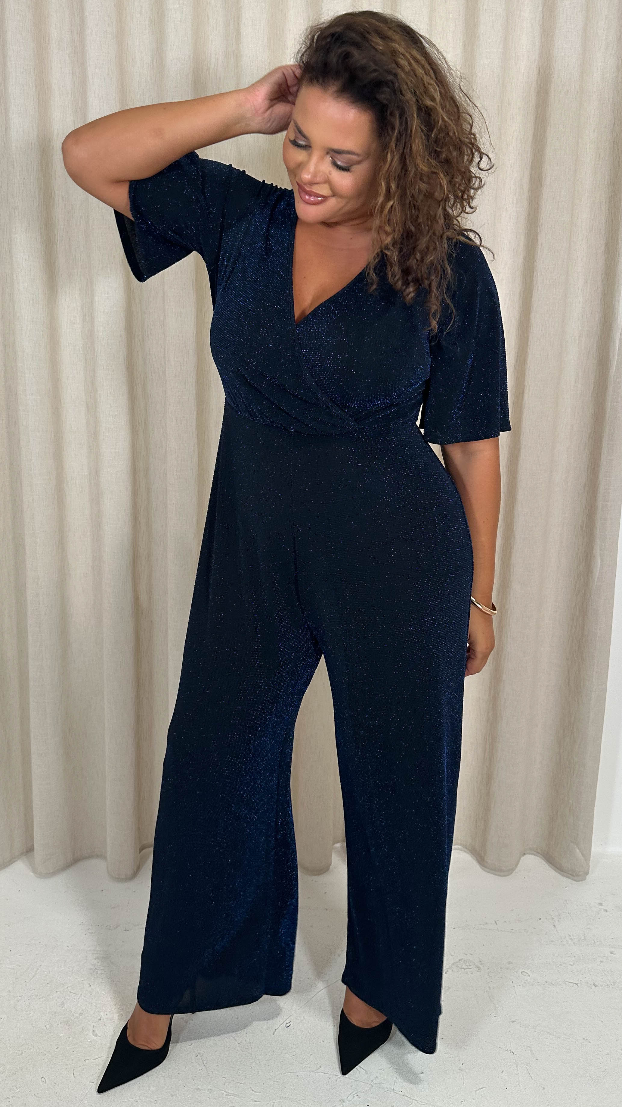 CurveWow Sparkle Wrap Jumpsuit Black and Blue - Image 6