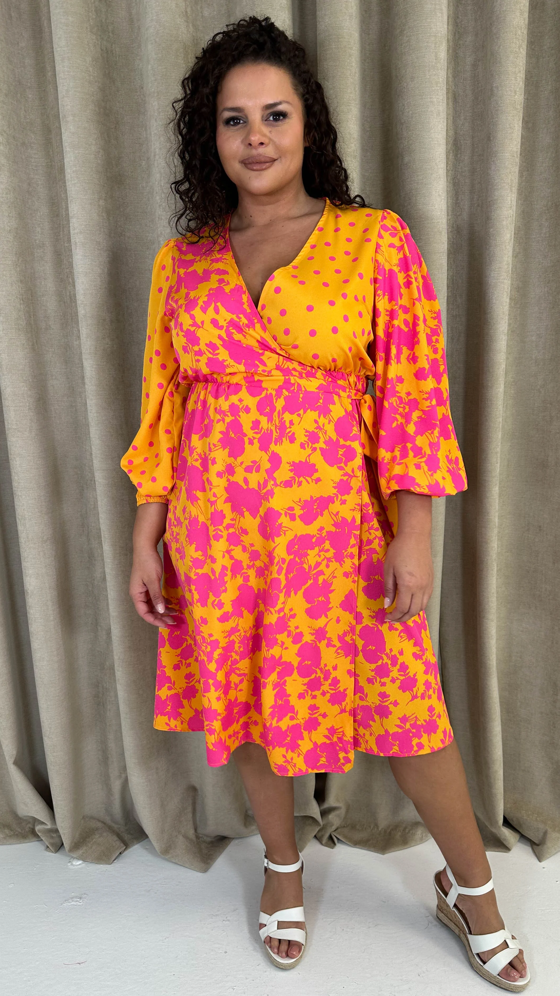 CurveWow Splice Wrap Midi Dress Pink/Orange - Image 4