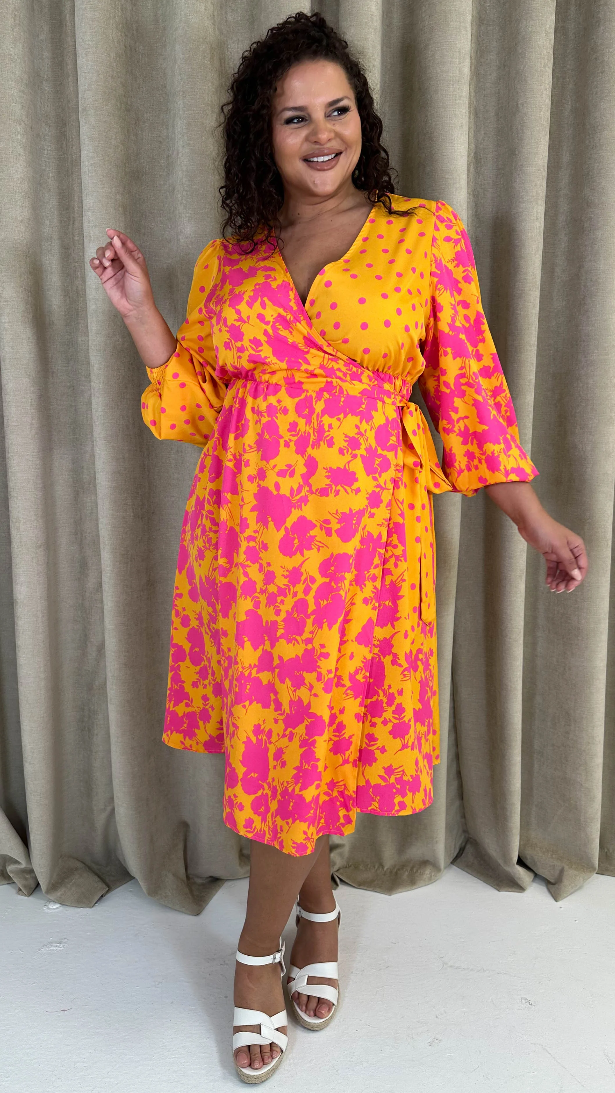 CurveWow Splice Wrap Midi Dress Pink/Orange - Image 7