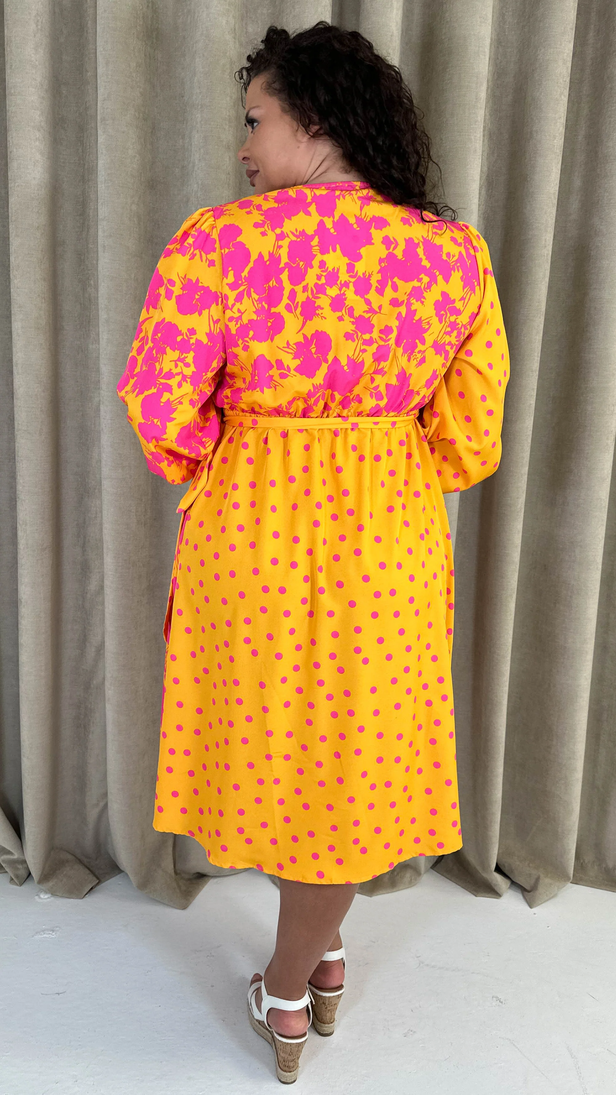 CurveWow Splice Wrap Midi Dress Pink/Orange - Image 9