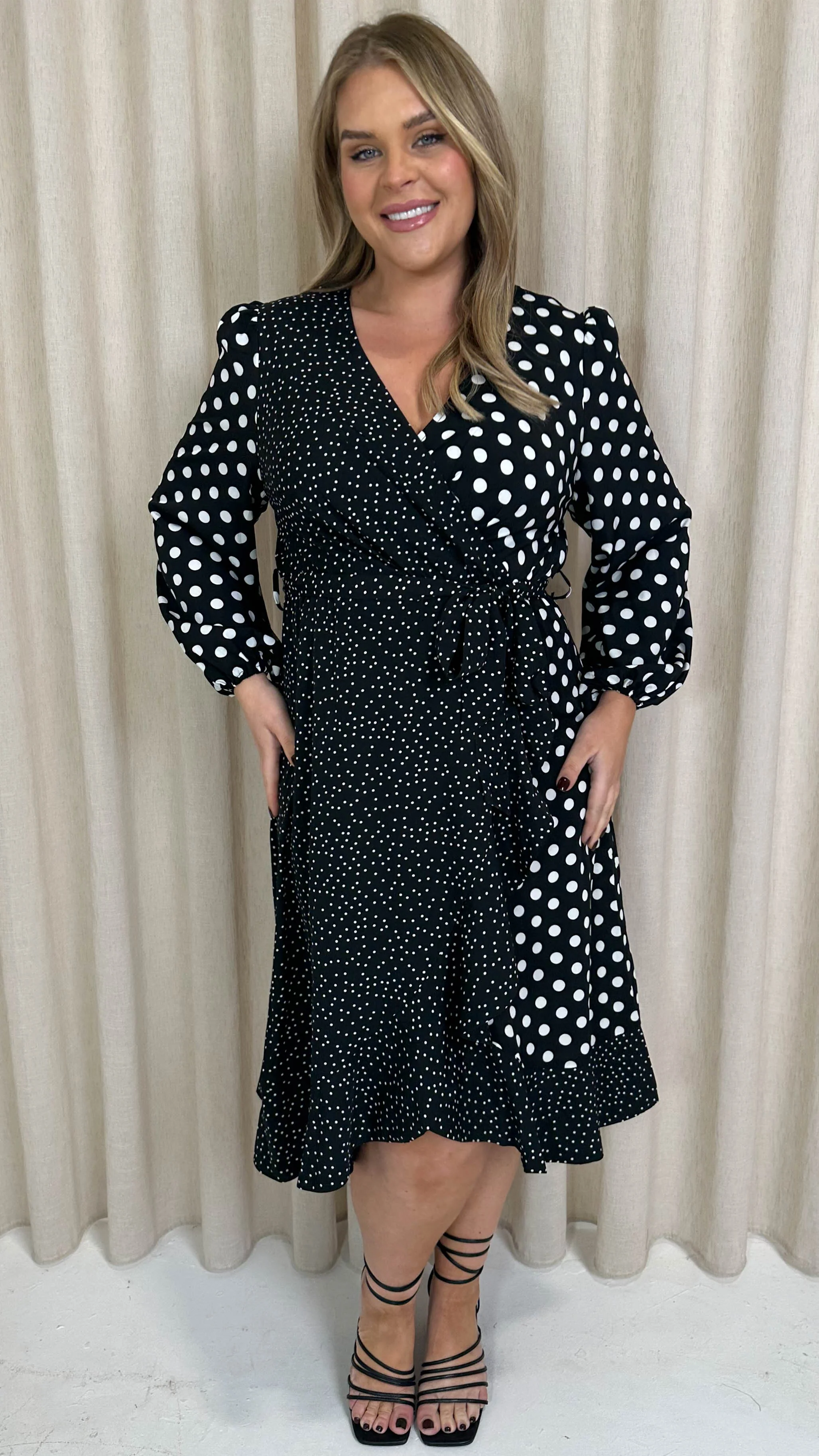 CurveWow Spliced Polkadot Frill Hem Wrap Dress Black - Image 6