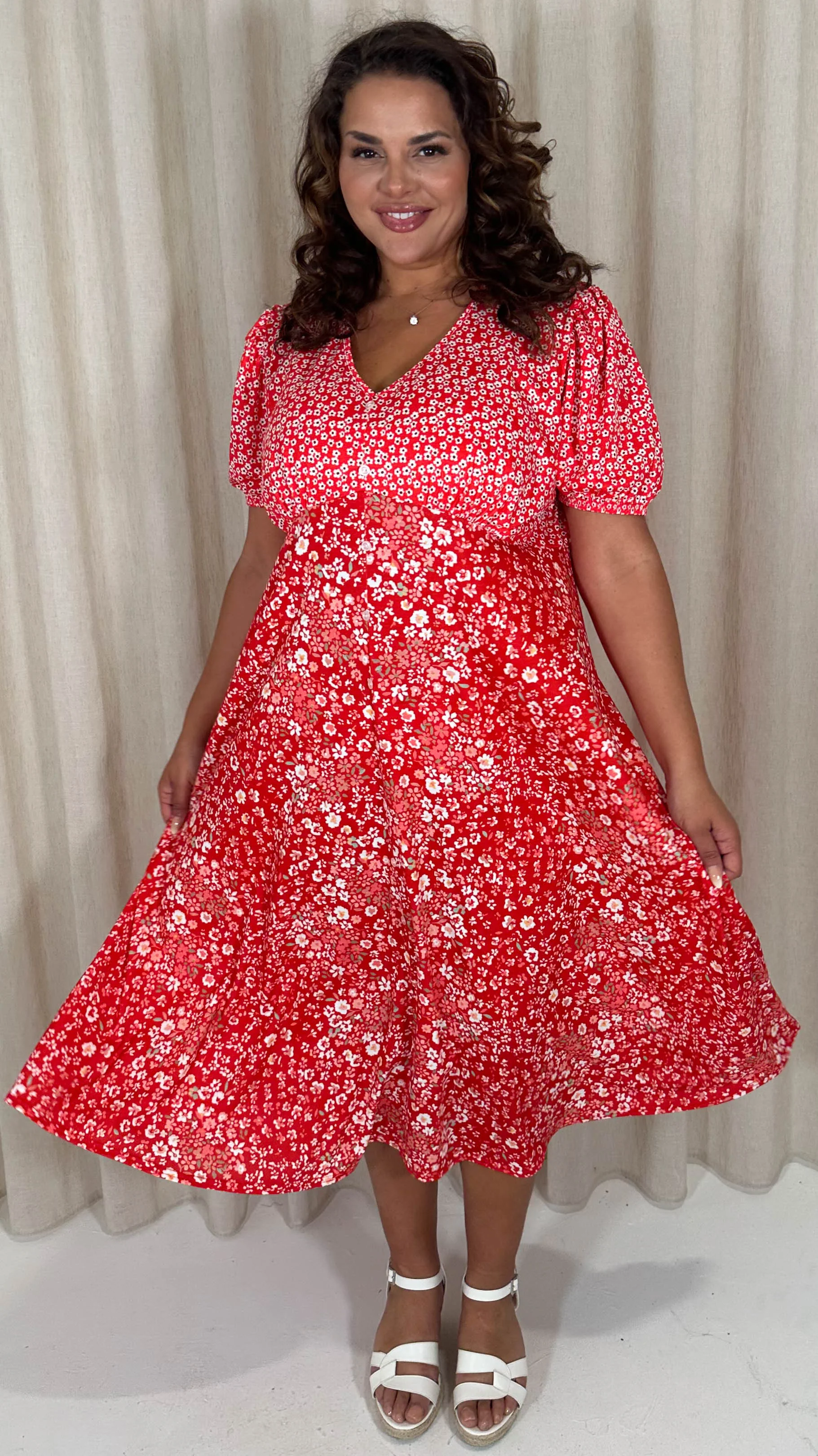 CurveWow Front Button Mix Match Print Midi Dress Red Mix - Image 3