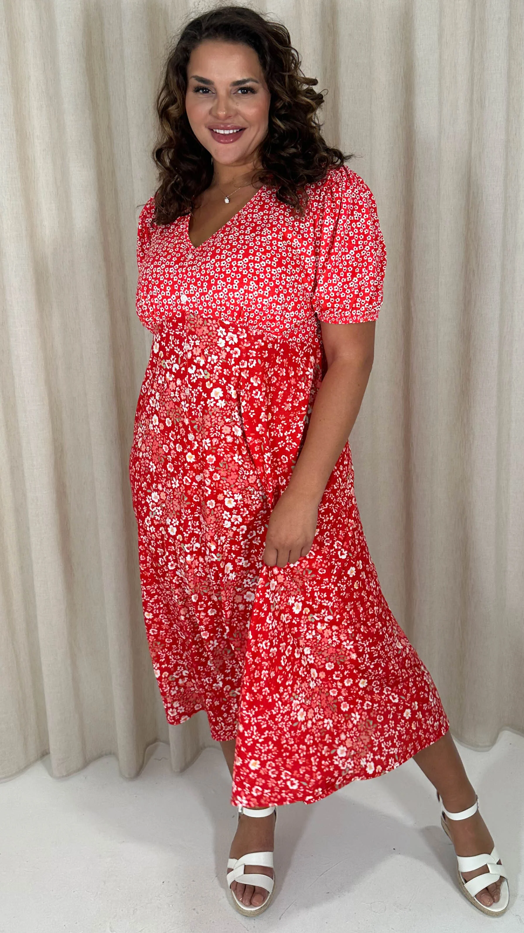CurveWow Front Button Mix Match Print Midi Dress Red Mix - Image 4