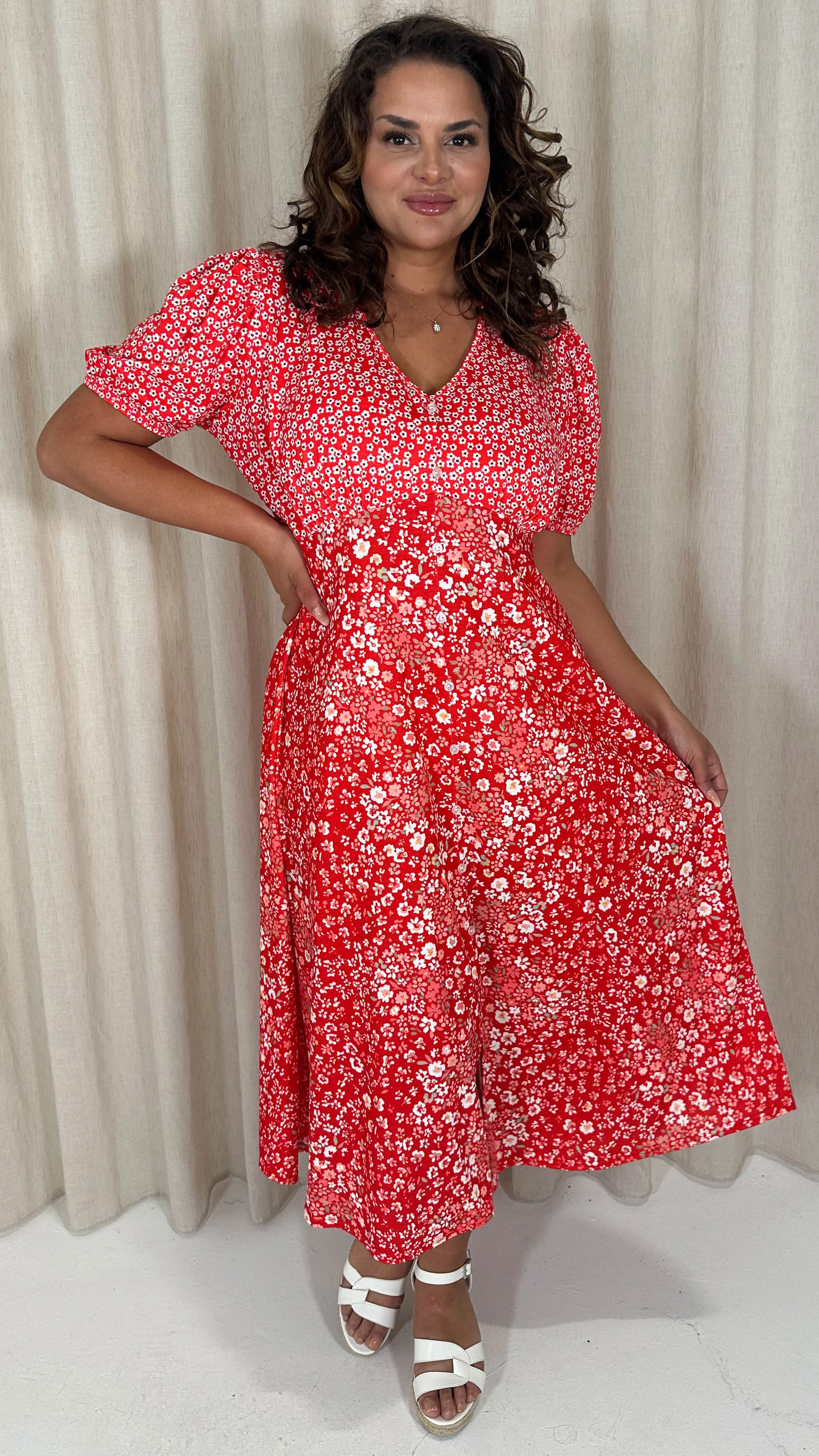 CurveWow Front Button Mix Match Print Midi Dress Red Mix - Image 8