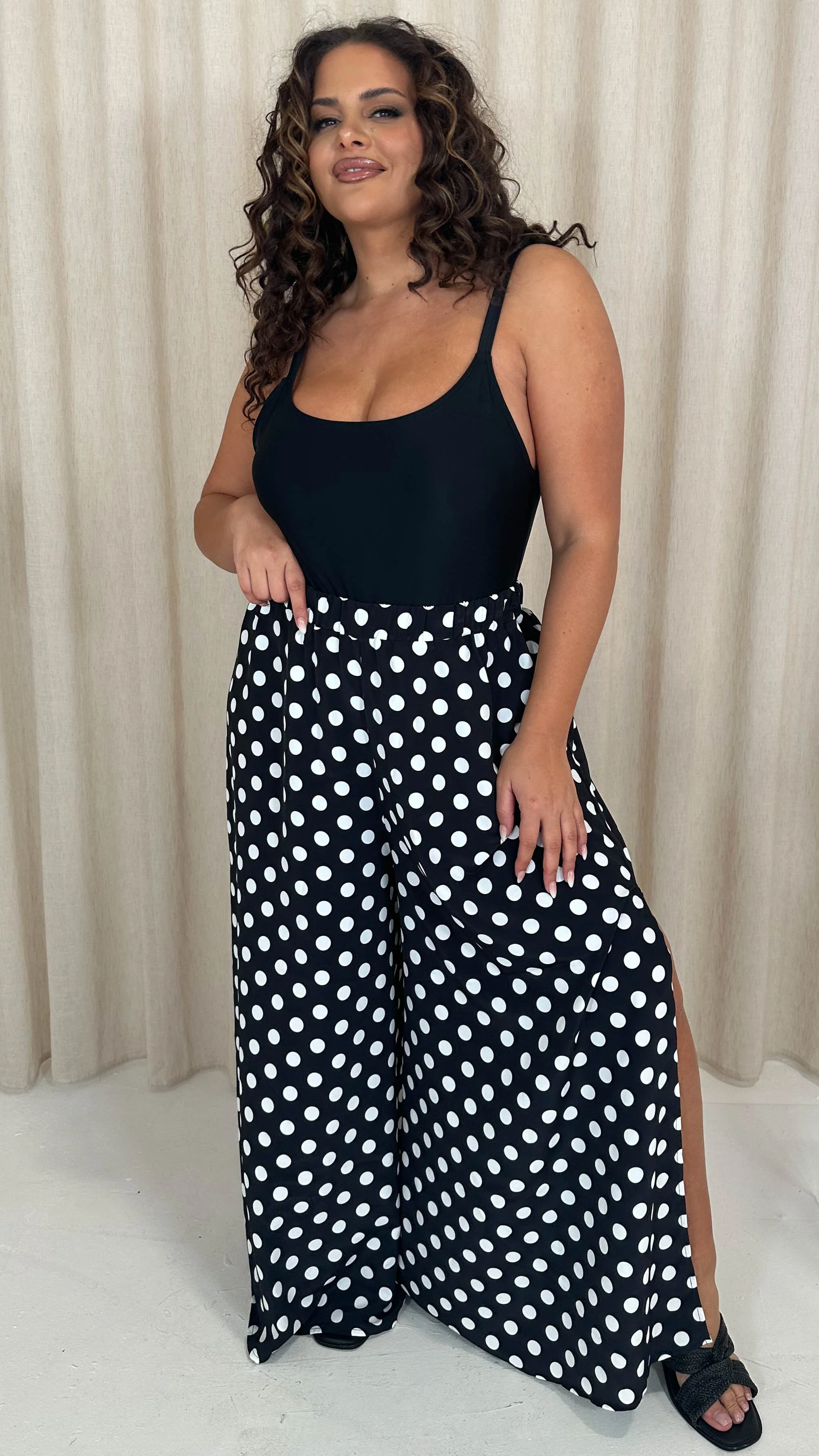 CurveWow Split Leg Beach Trousers Black Polka Dot - Image 6