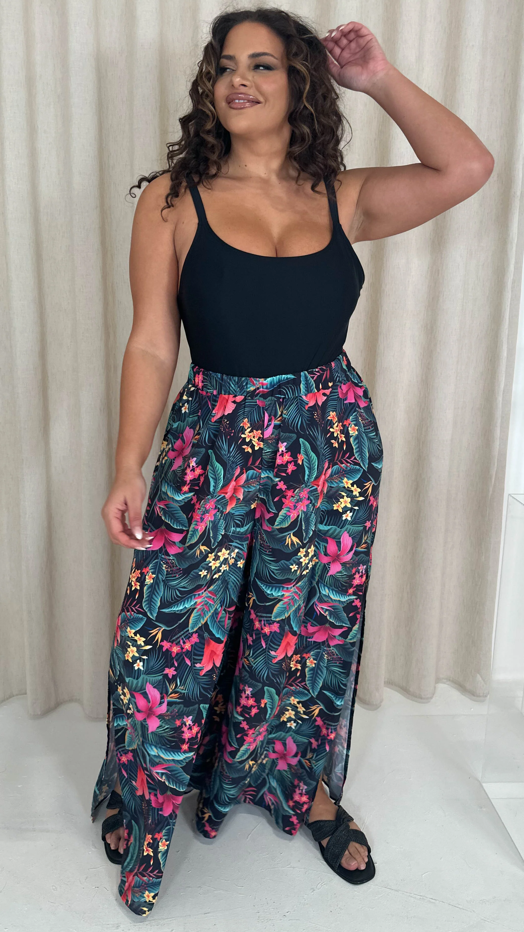 CurveWow Split Leg Beach Trousers Black Tropical - Image 4
