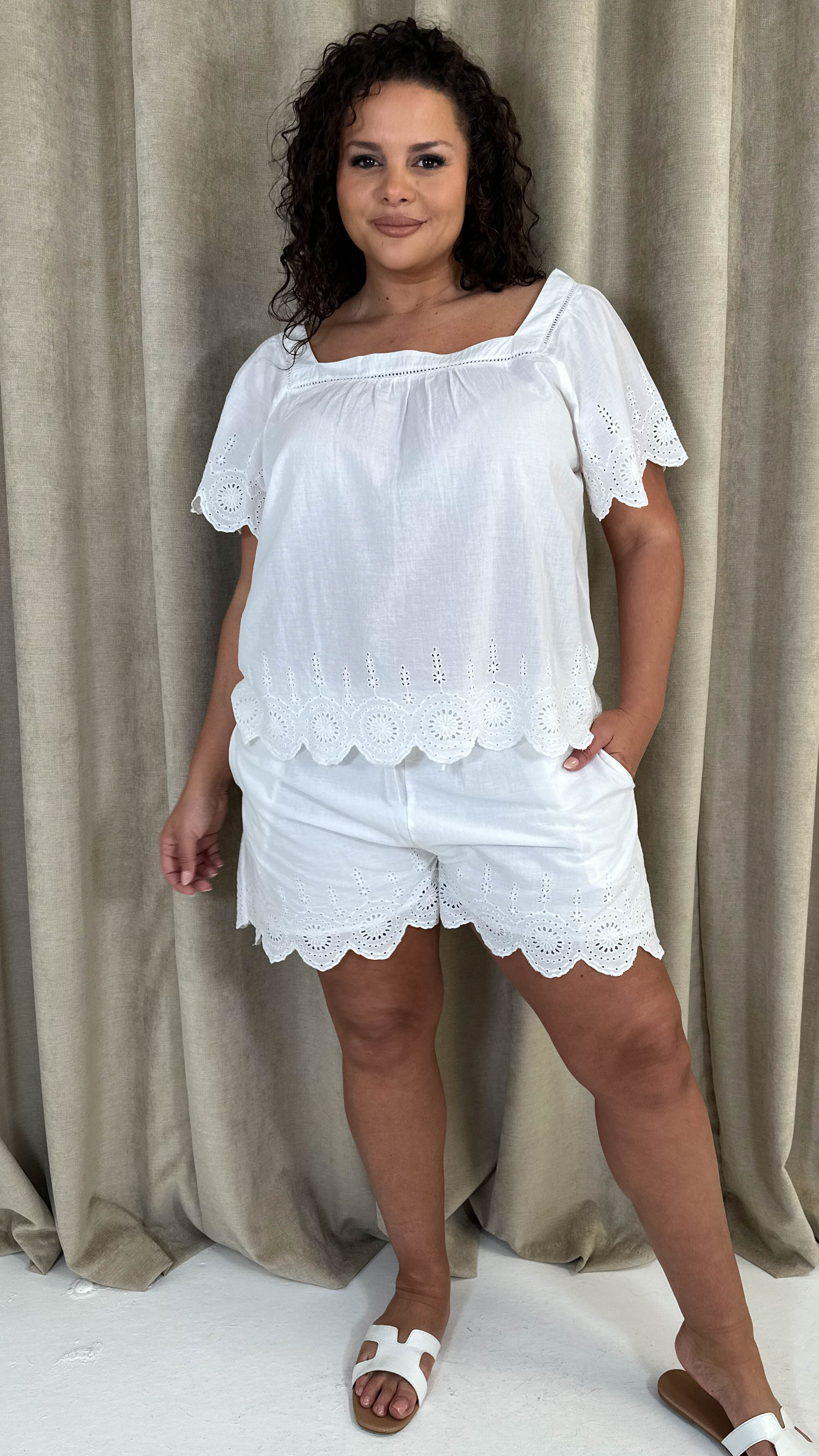 CurveWow Square Neck Broderie Top White - Image 4
